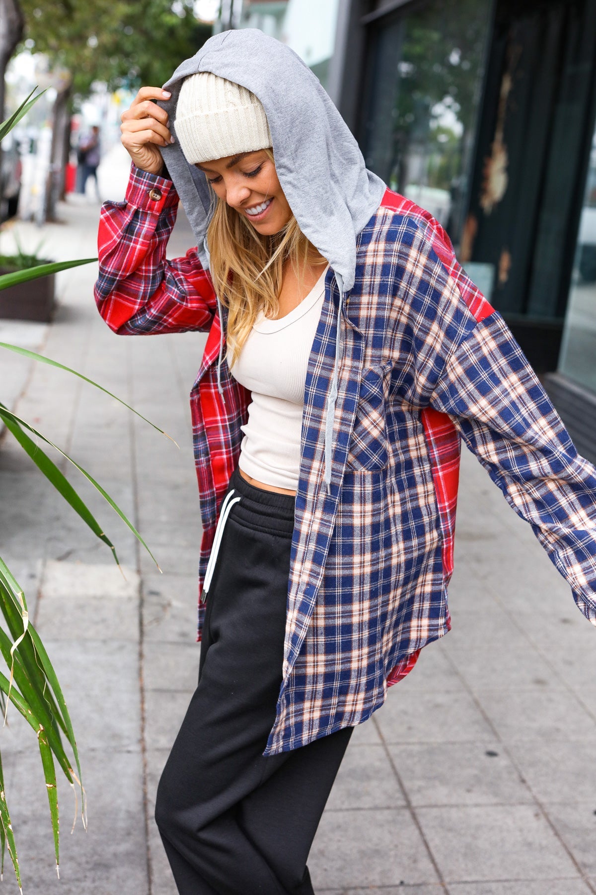 Main Attraction Red & Navy Plaid Color Block Button Down Hoodie-Modish Lily, Tecumseh Michigan