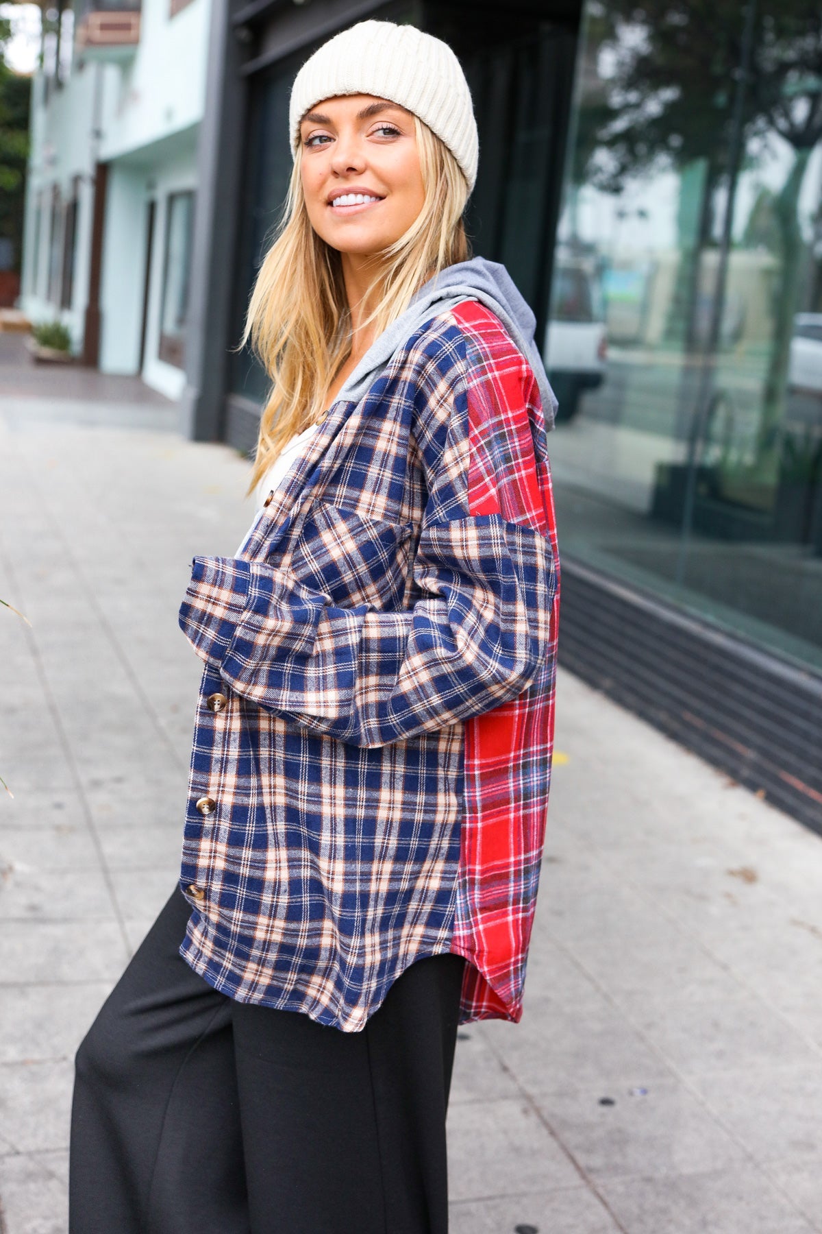 Main Attraction Red & Navy Plaid Color Block Button Down Hoodie-Modish Lily, Tecumseh Michigan