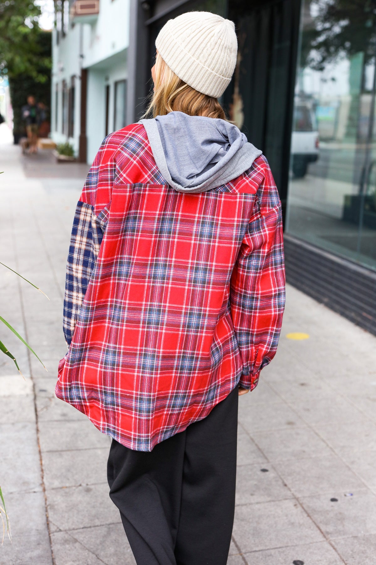 Main Attraction Red & Navy Plaid Color Block Button Down Hoodie-Modish Lily, Tecumseh Michigan