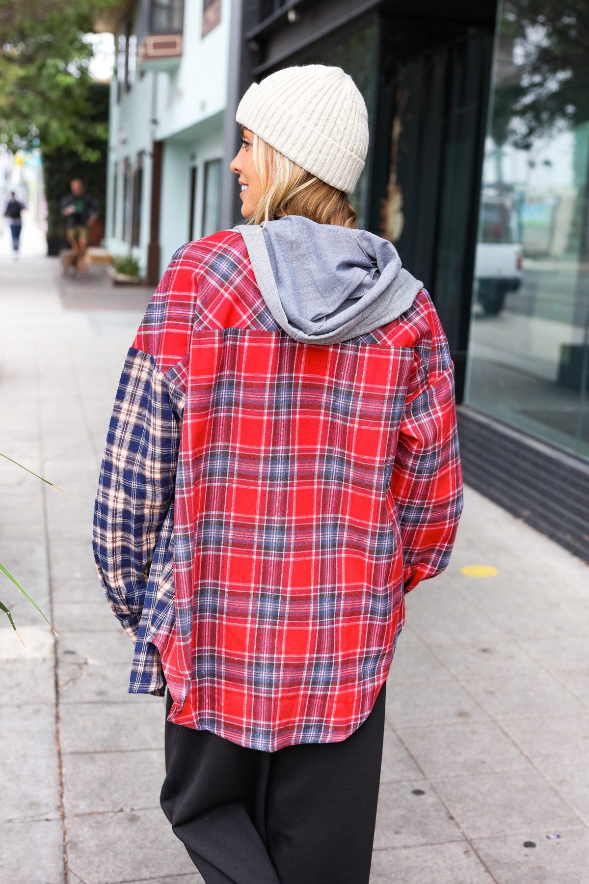 Main Attraction Red & Navy Plaid Color Block Button Down Hoodie-Modish Lily, Tecumseh Michigan