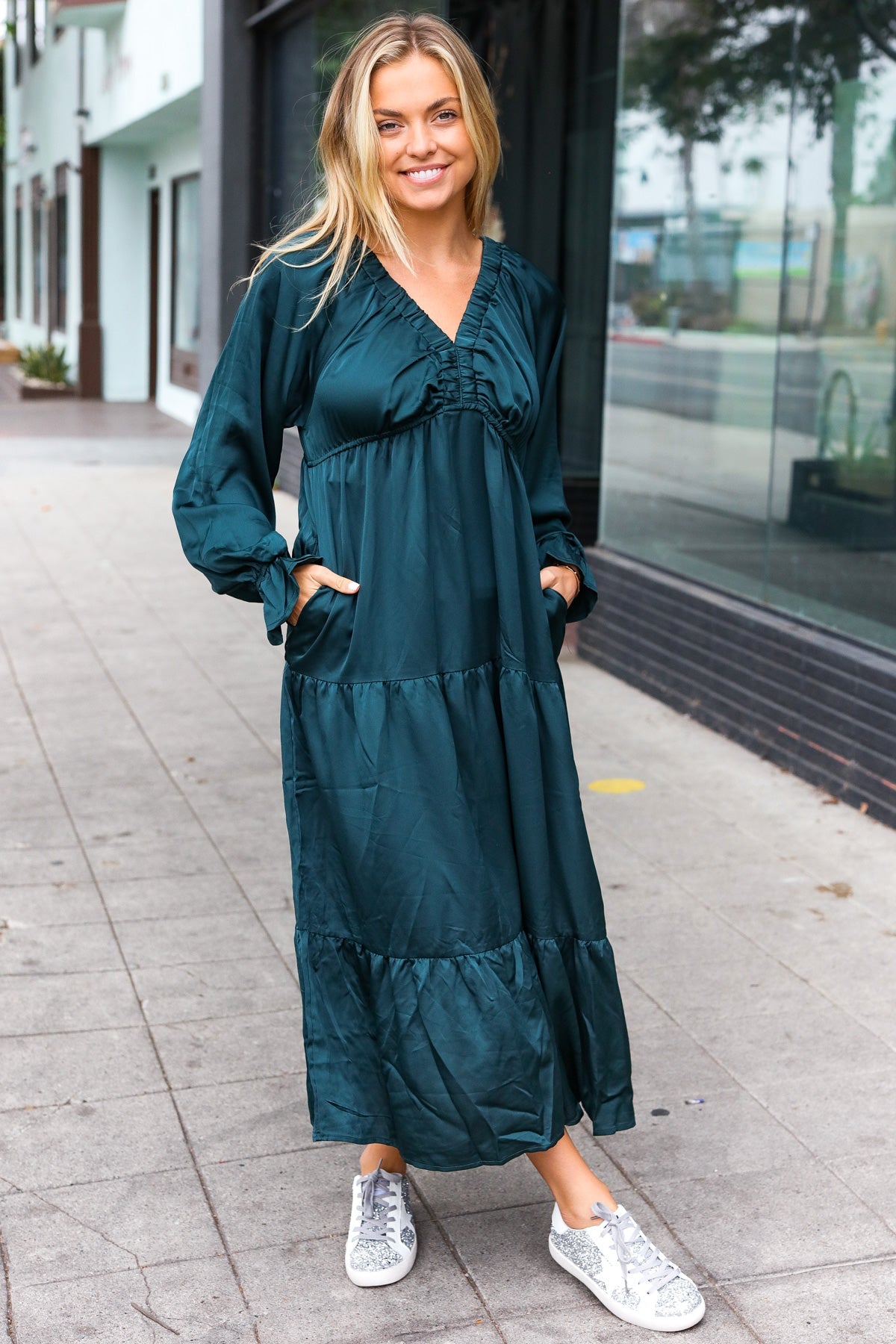 Elegant Hunter Green Elastic V Neck Tiered Satin Maxi Dress-2024 Blow-Out Sale-Modish Lily, Tecumseh Michigan