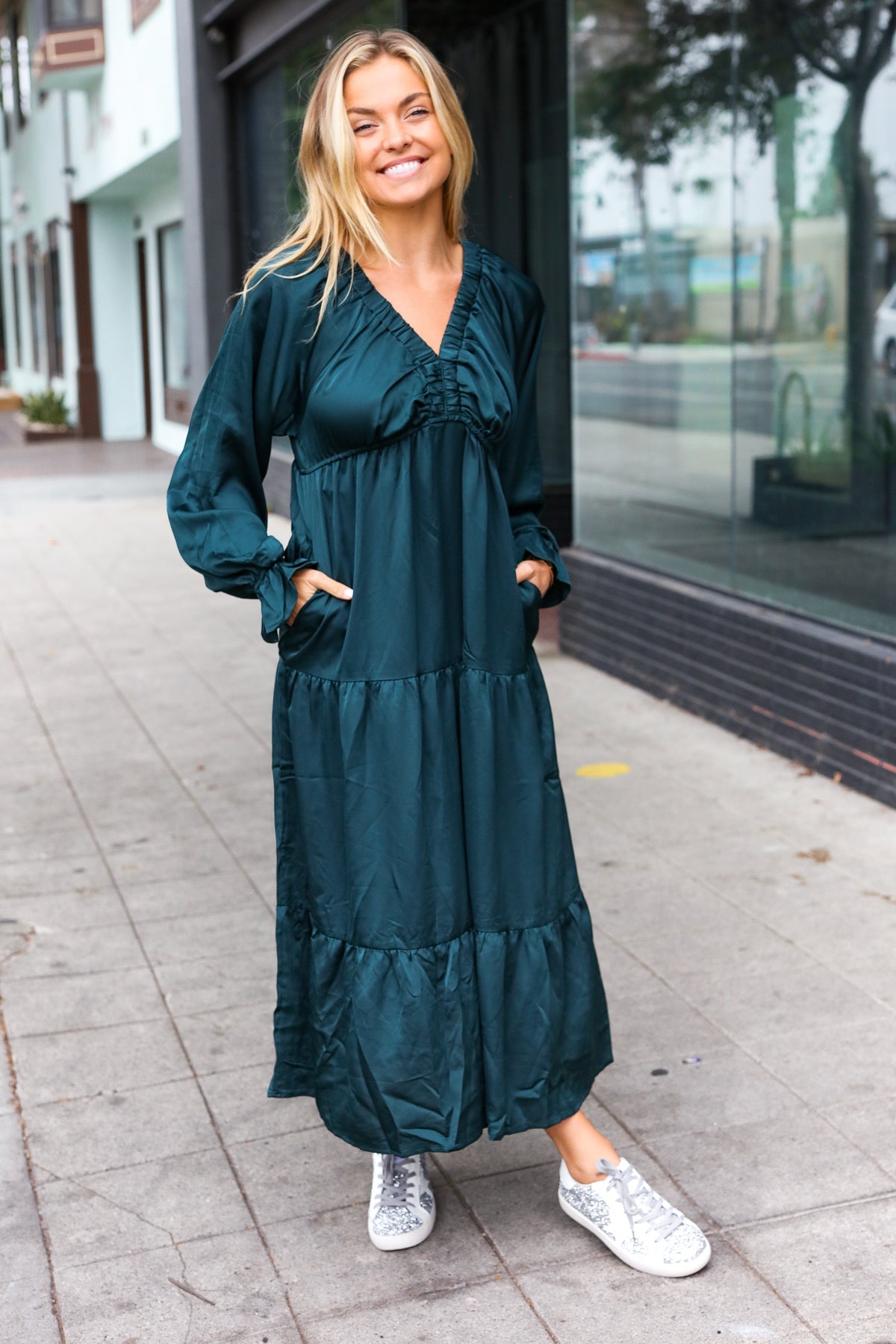 Elegant Hunter Green Elastic V Neck Tiered Satin Maxi Dress-2024 Blow-Out Sale-Modish Lily, Tecumseh Michigan