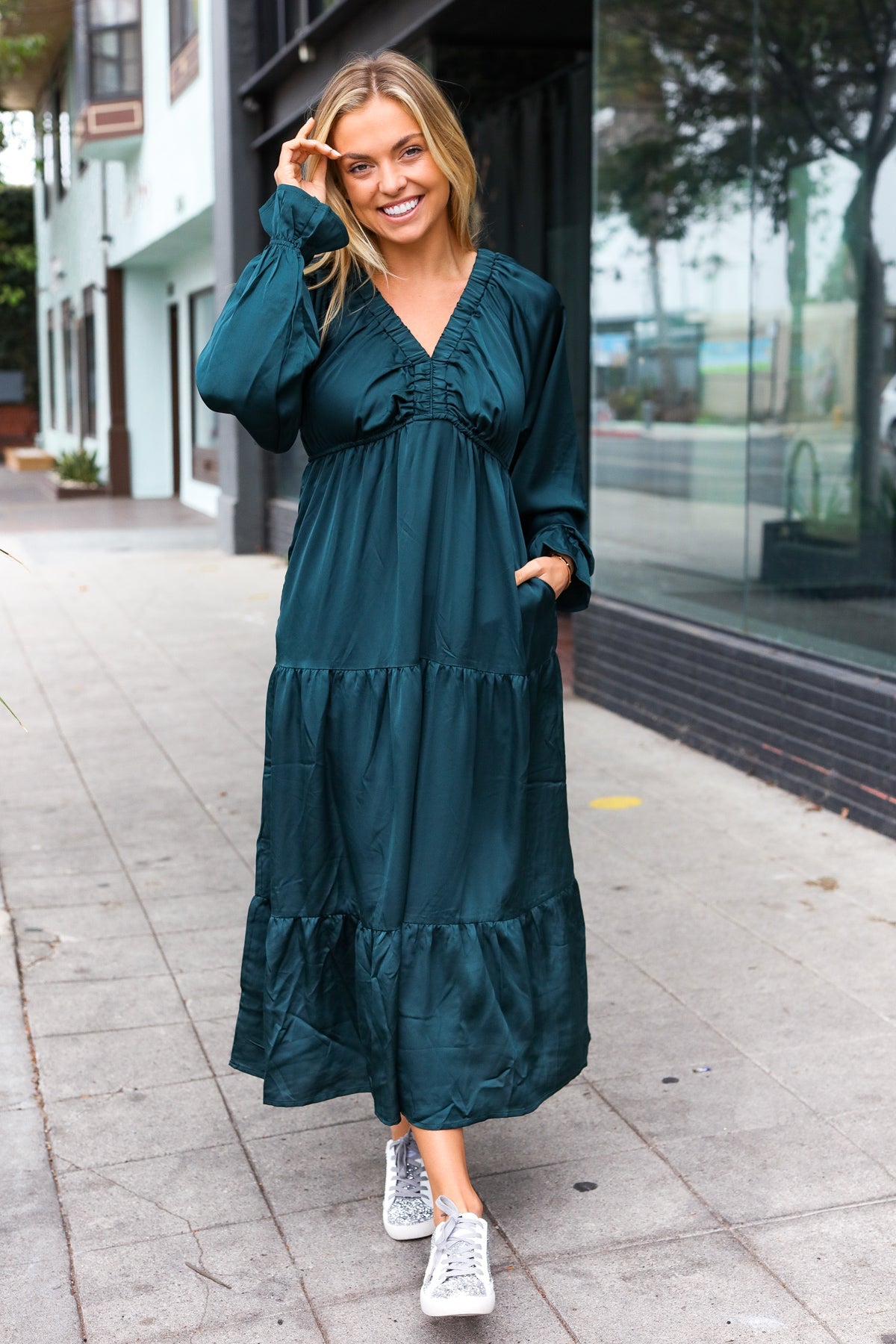 Elegant Hunter Green Elastic V Neck Tiered Satin Maxi Dress-2024 Blow-Out Sale-Modish Lily, Tecumseh Michigan