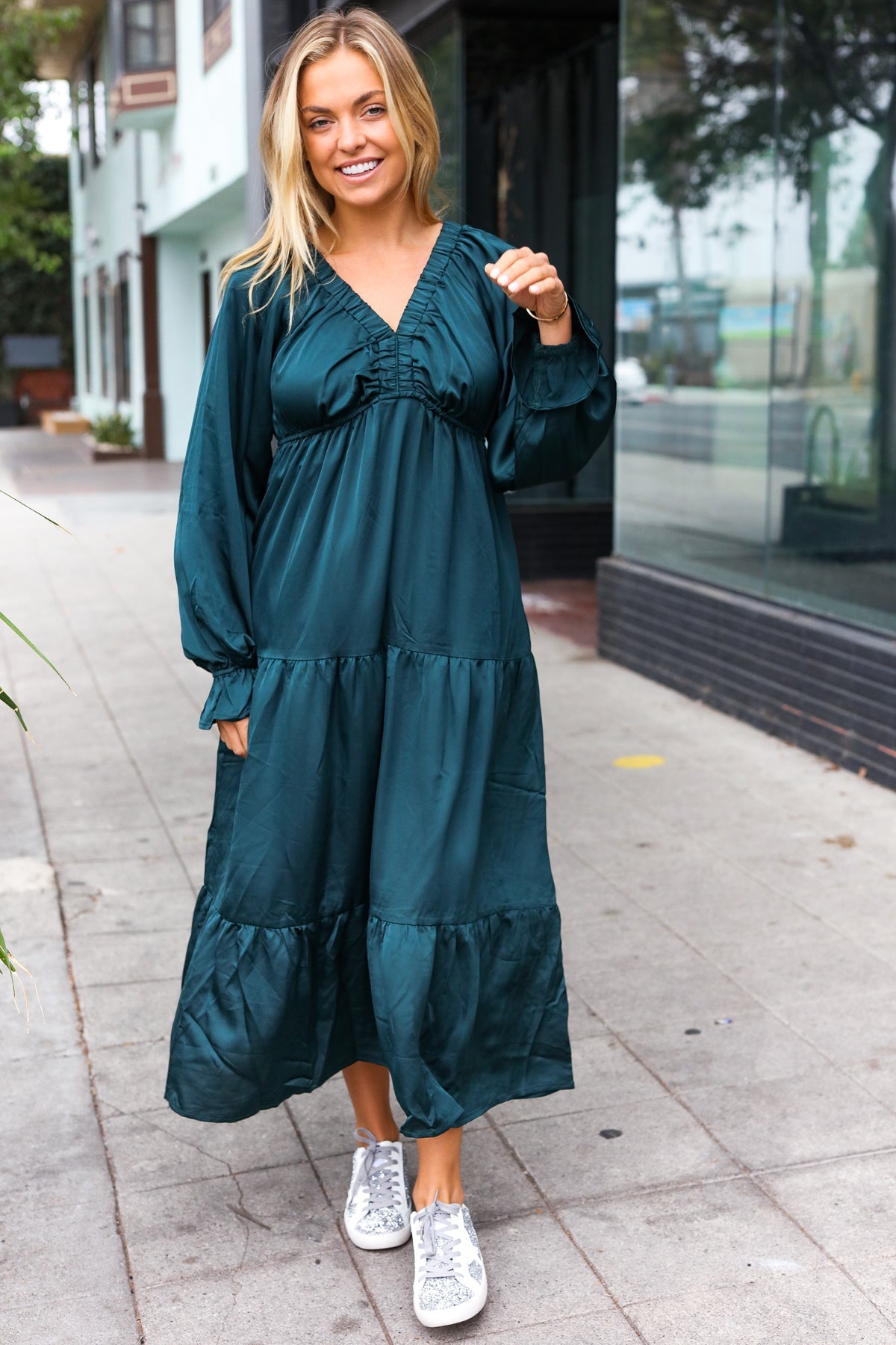 Elegant Hunter Green Elastic V Neck Tiered Satin Maxi Dress-2024 Blow-Out Sale-Modish Lily, Tecumseh Michigan