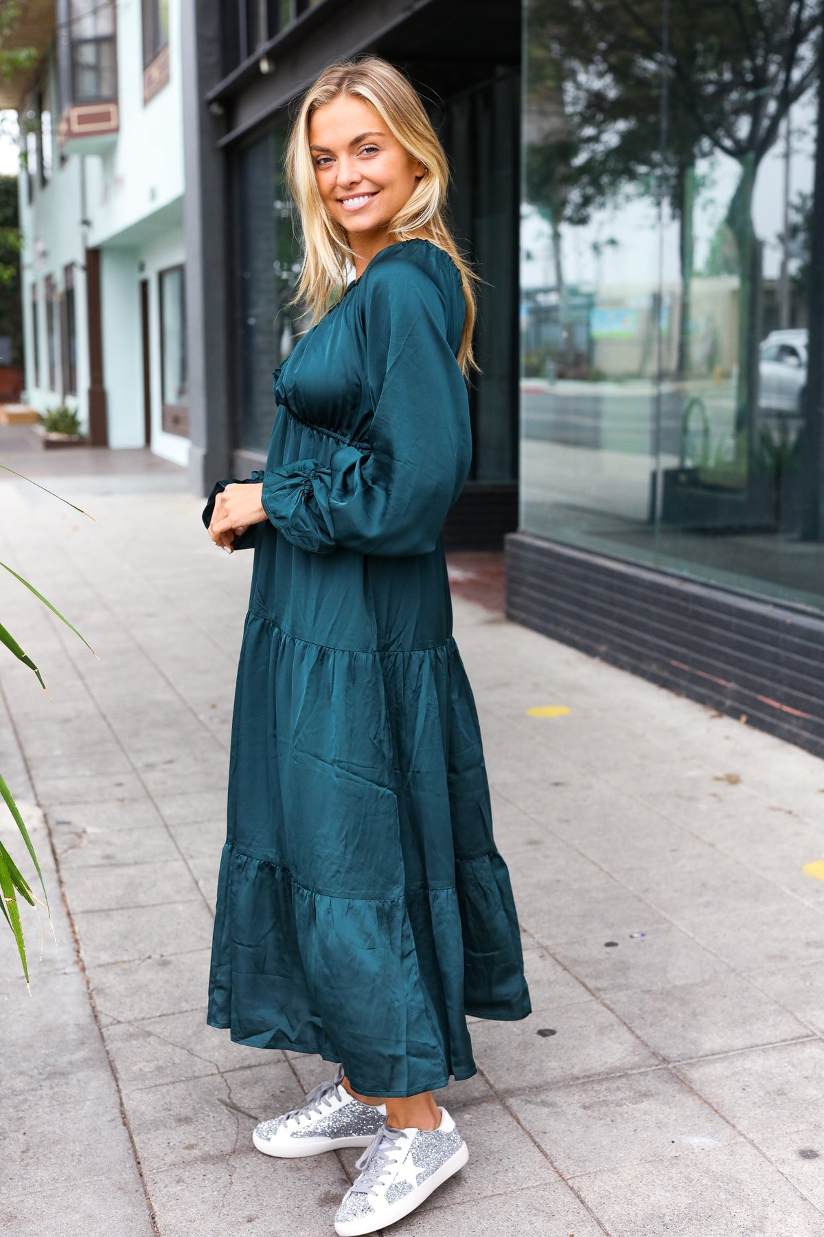 Elegant Hunter Green Elastic V Neck Tiered Satin Maxi Dress-2024 Blow-Out Sale-Modish Lily, Tecumseh Michigan