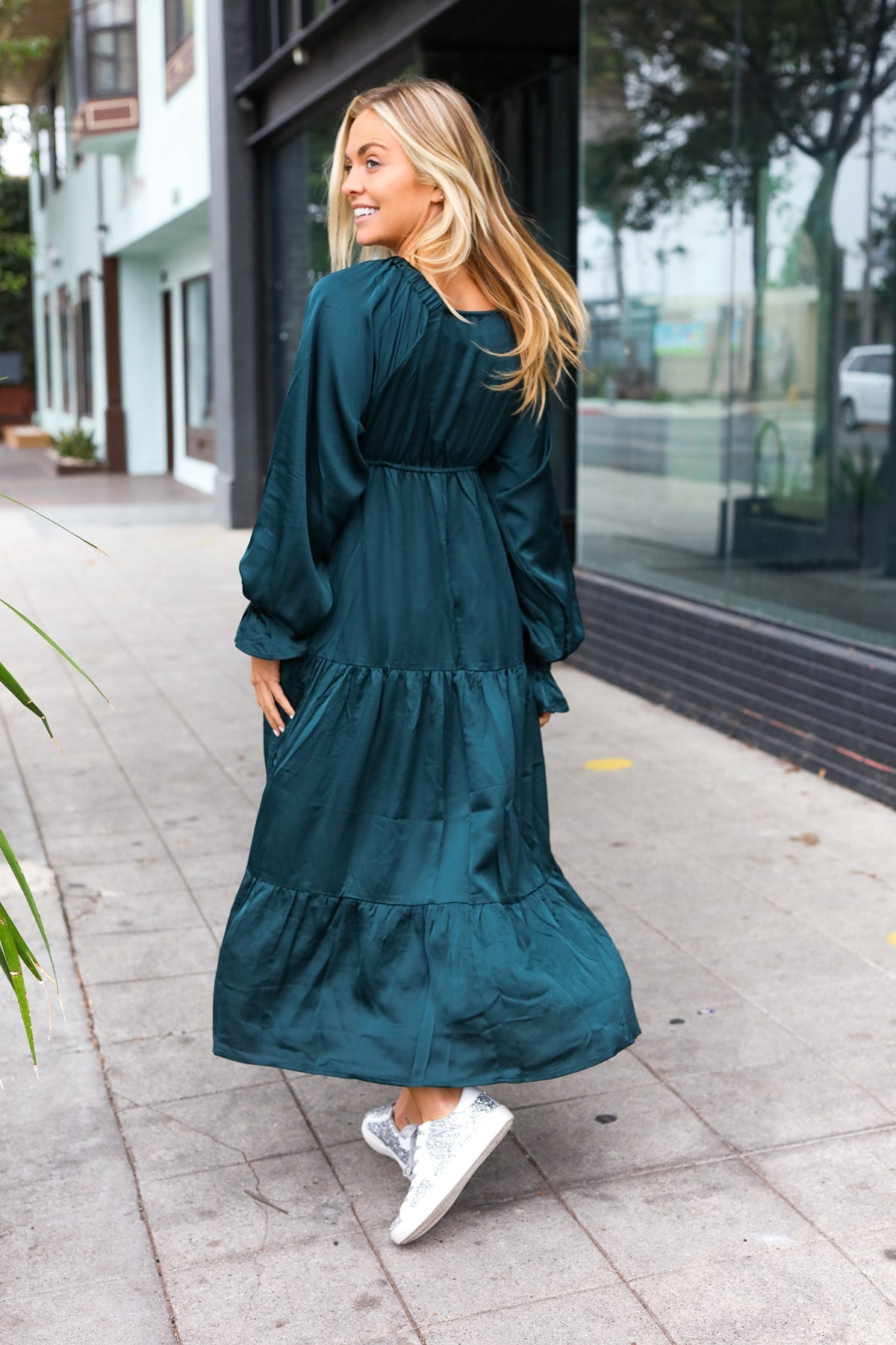 Elegant Hunter Green Elastic V Neck Tiered Satin Maxi Dress-2024 Blow-Out Sale-Modish Lily, Tecumseh Michigan