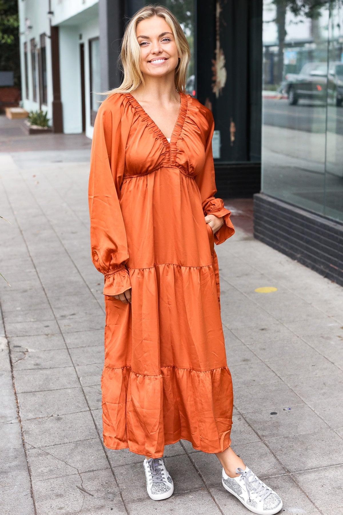 Elegant Rust Elastic V Neck Tiered Satin Maxi Dress-Modish Lily, Tecumseh Michigan