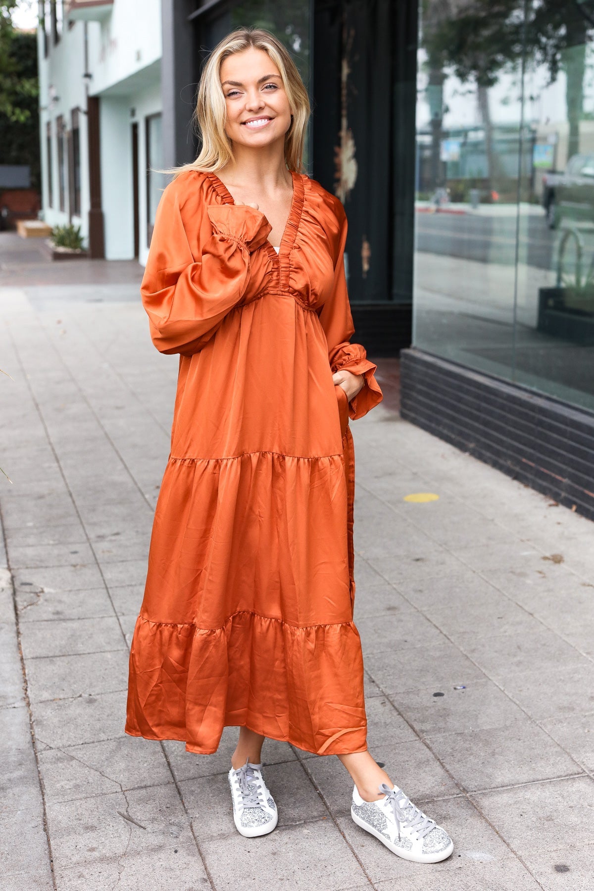 Elegant Rust Elastic V Neck Tiered Satin Maxi Dress-Modish Lily, Tecumseh Michigan