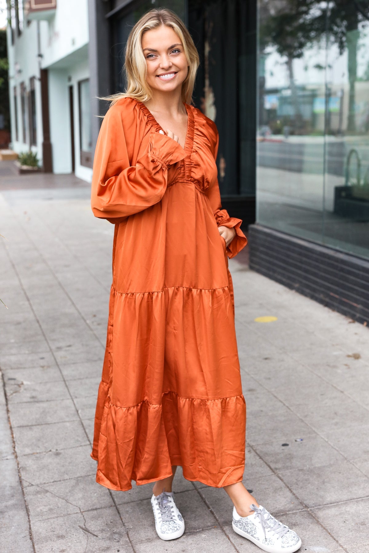 Elegant Rust Elastic V Neck Tiered Satin Maxi Dress-Modish Lily, Tecumseh Michigan