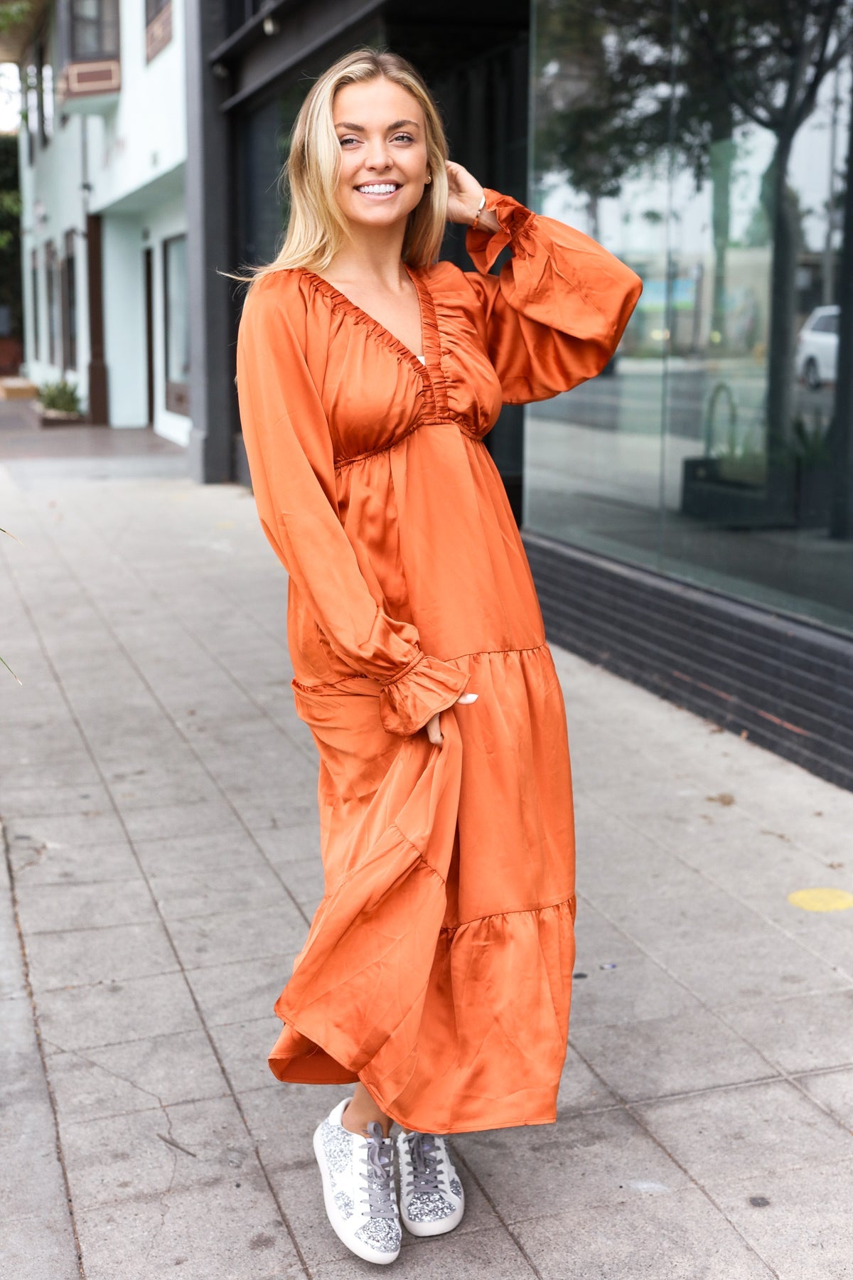 Elegant Rust Elastic V Neck Tiered Satin Maxi Dress-Modish Lily, Tecumseh Michigan