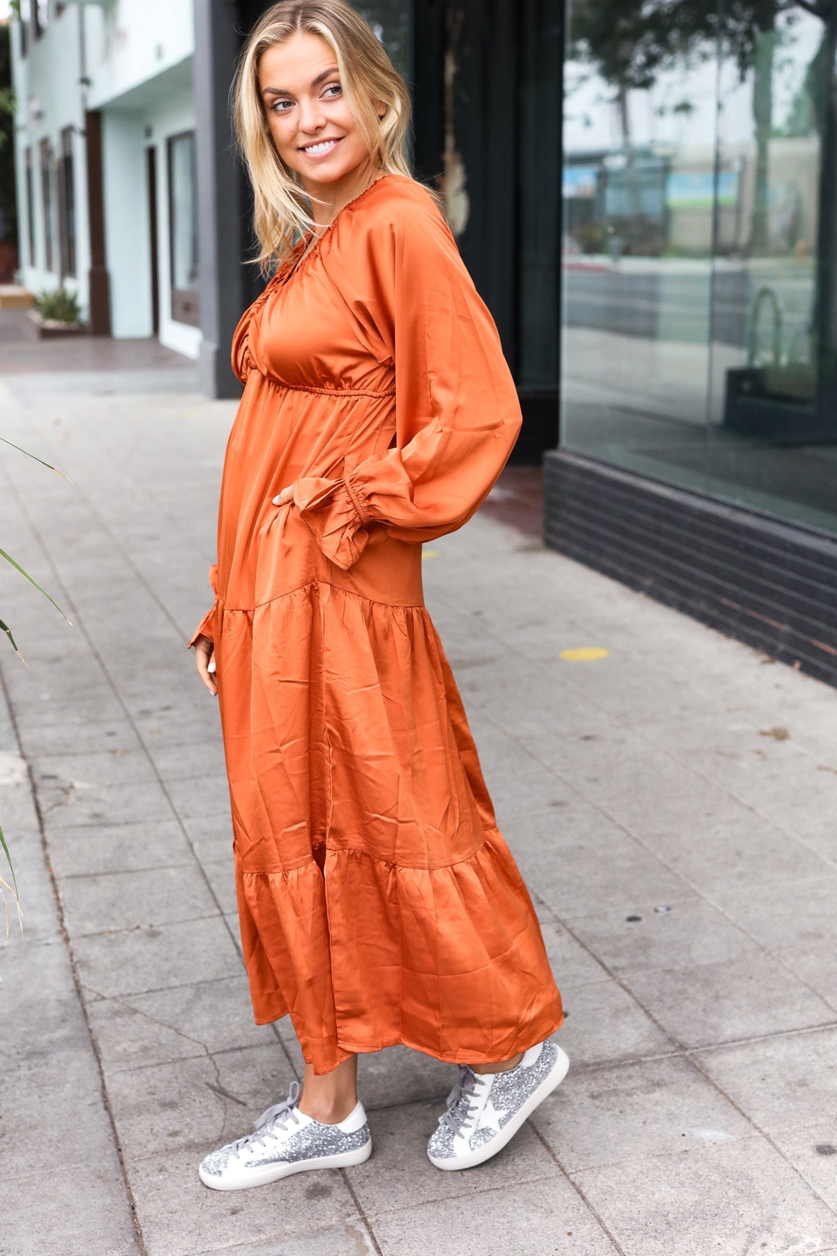 Elegant Rust Elastic V Neck Tiered Satin Maxi Dress-Modish Lily, Tecumseh Michigan