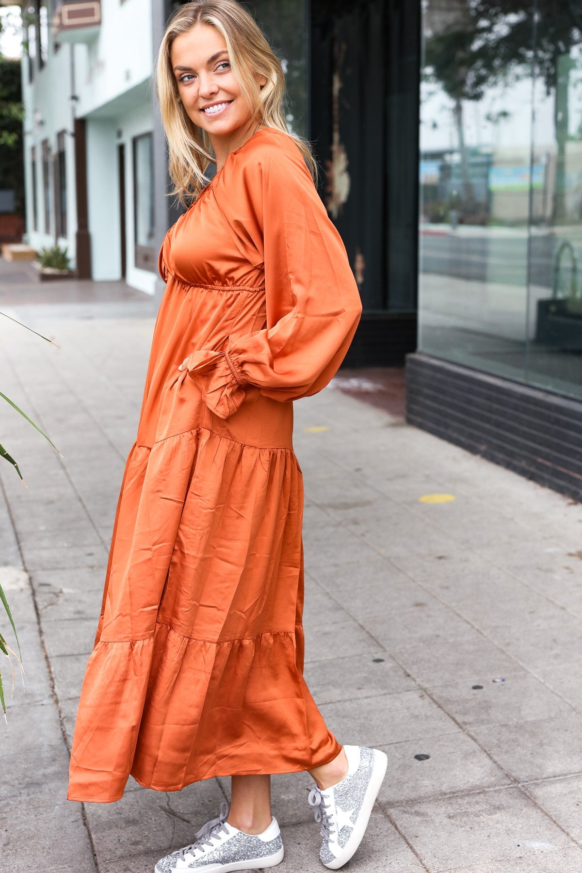 Elegant Rust Elastic V Neck Tiered Satin Maxi Dress-Modish Lily, Tecumseh Michigan