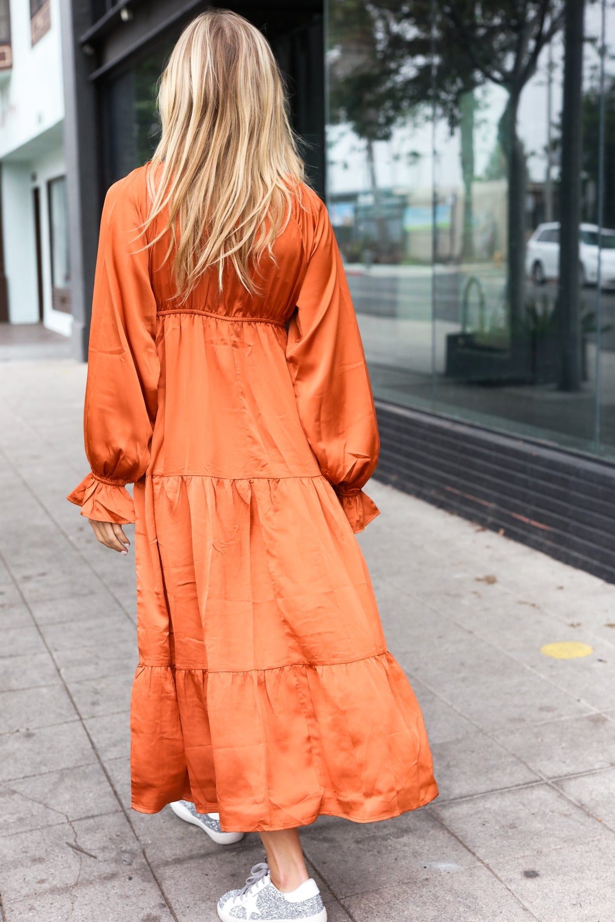 Elegant Rust Elastic V Neck Tiered Satin Maxi Dress-Modish Lily, Tecumseh Michigan