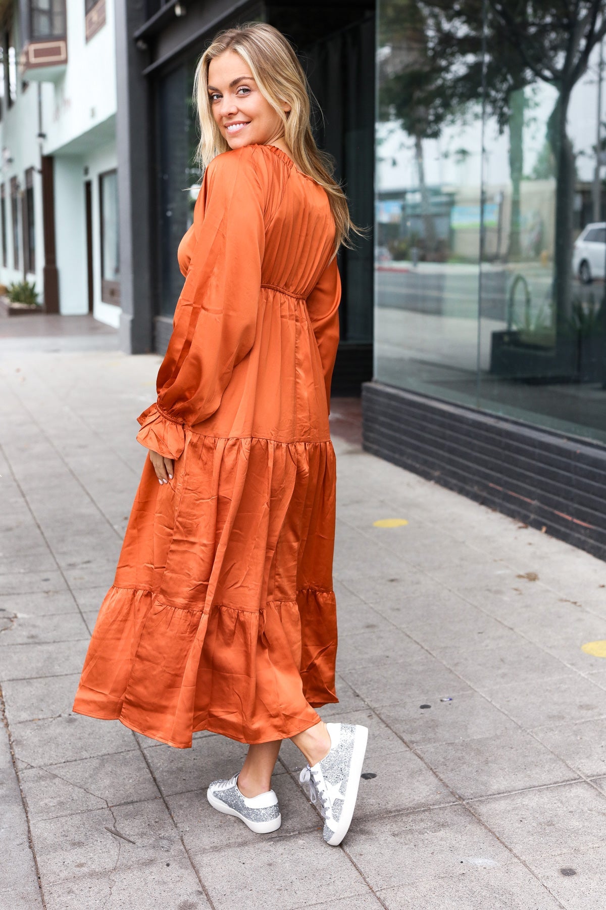 Elegant Rust Elastic V Neck Tiered Satin Maxi Dress-Modish Lily, Tecumseh Michigan