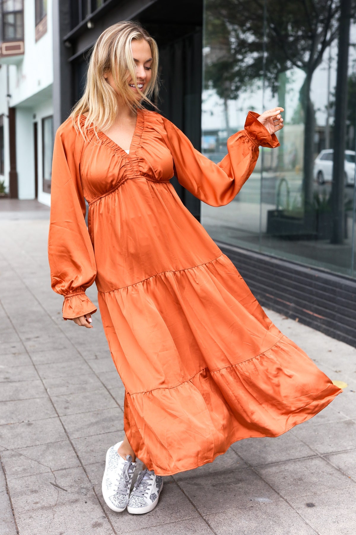 Elegant Rust Elastic V Neck Tiered Satin Maxi Dress-Modish Lily, Tecumseh Michigan