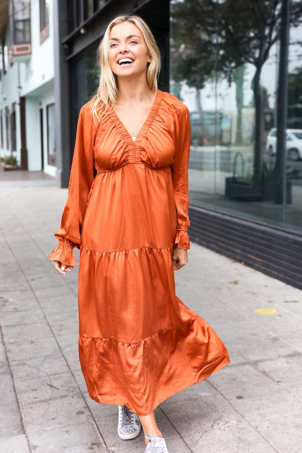 Elegant Rust Elastic V Neck Tiered Satin Maxi Dress-Modish Lily, Tecumseh Michigan