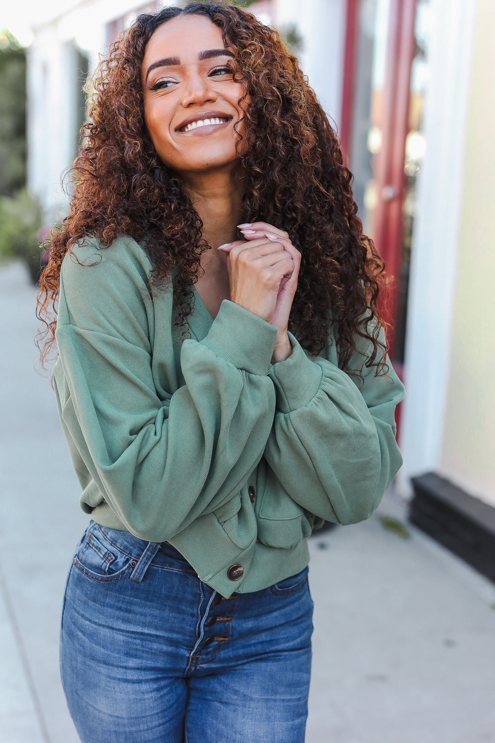 Weekend Ready Green Boyfriend Button Down Cropped Jacket-Modish Lily, Tecumseh Michigan