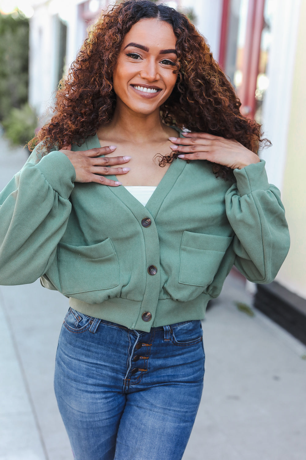 Weekend Ready Green Boyfriend Button Down Cropped Jacket-Modish Lily, Tecumseh Michigan