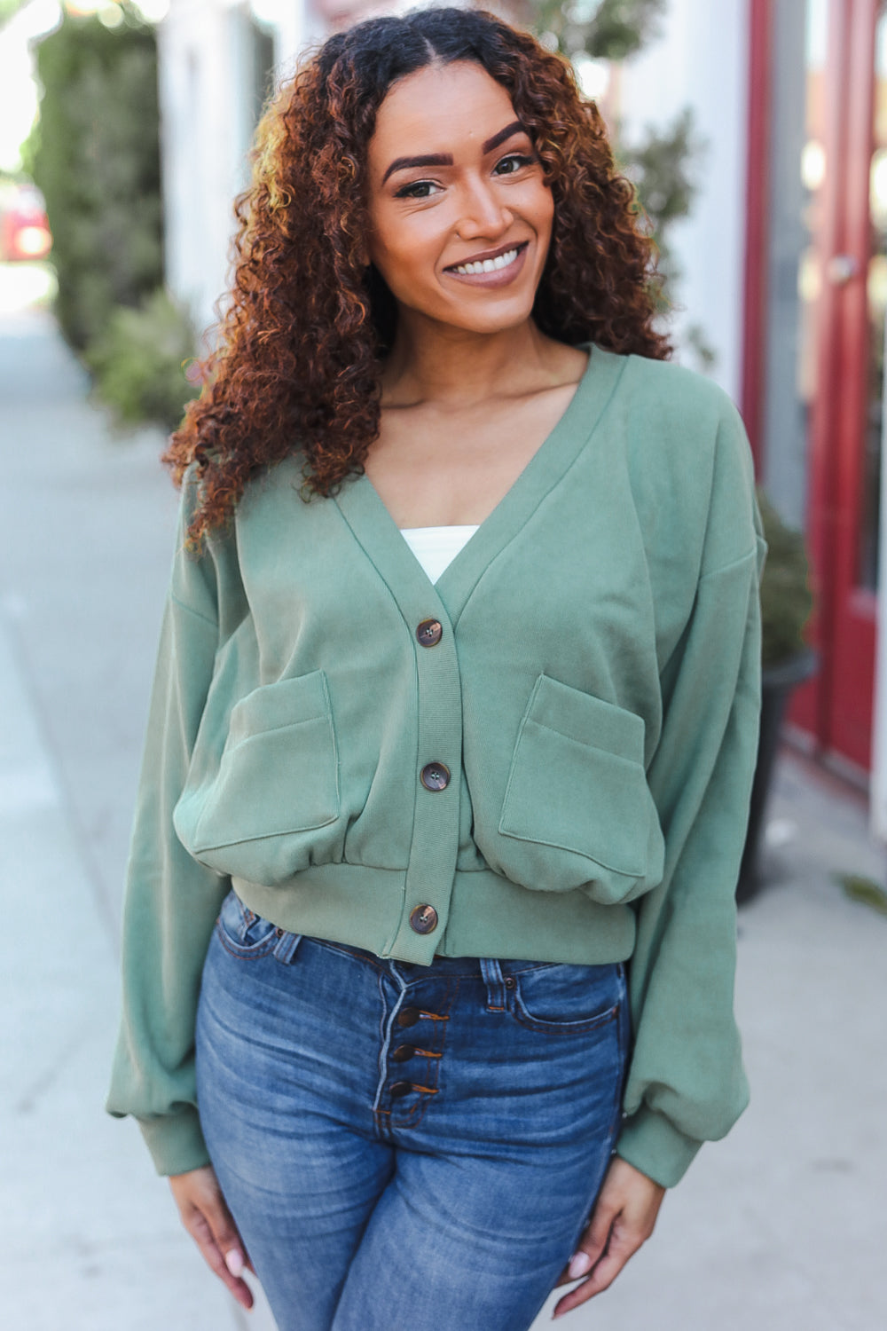 Weekend Ready Green Boyfriend Button Down Cropped Jacket-Modish Lily, Tecumseh Michigan