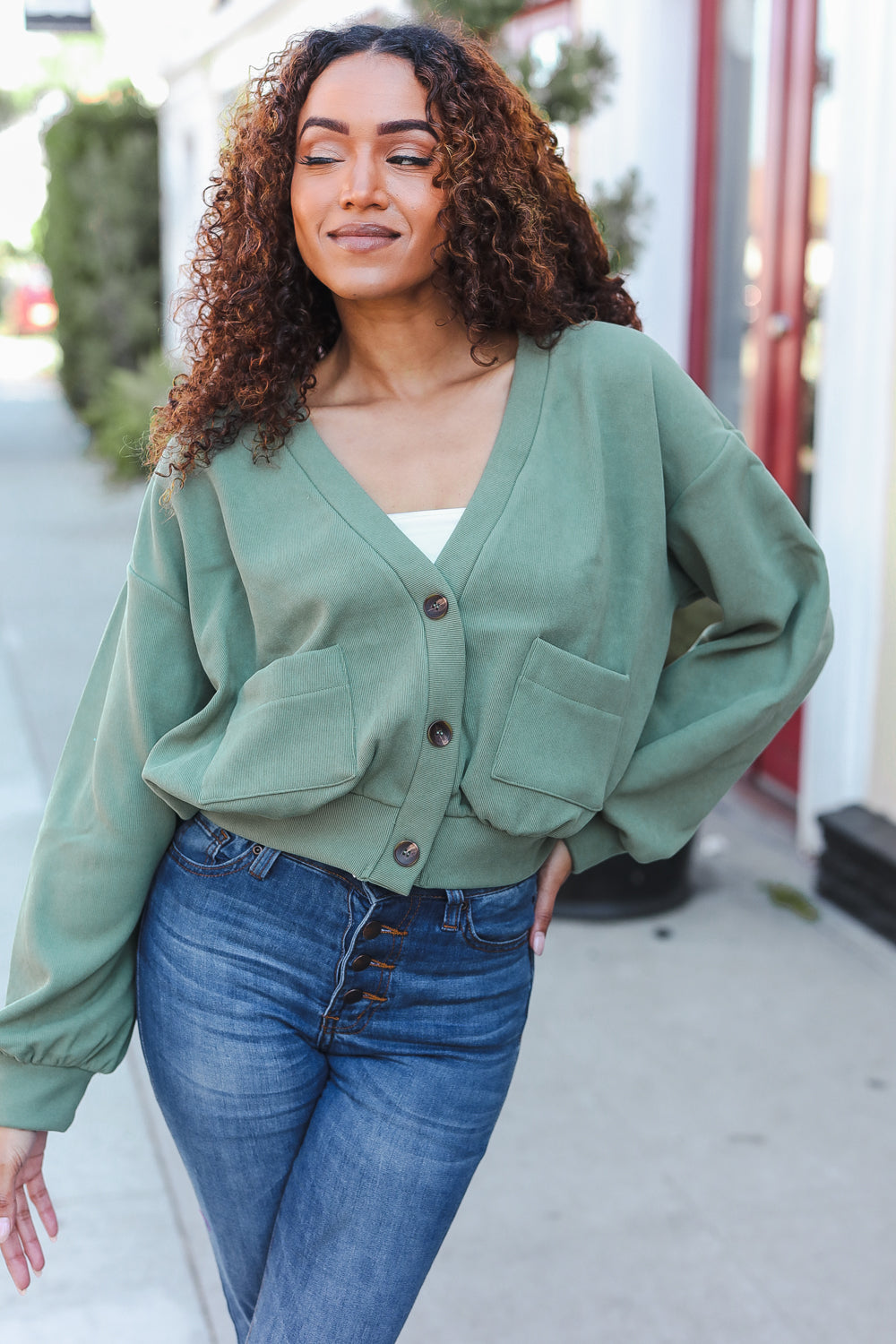 Weekend Ready Green Boyfriend Button Down Cropped Jacket-Modish Lily, Tecumseh Michigan