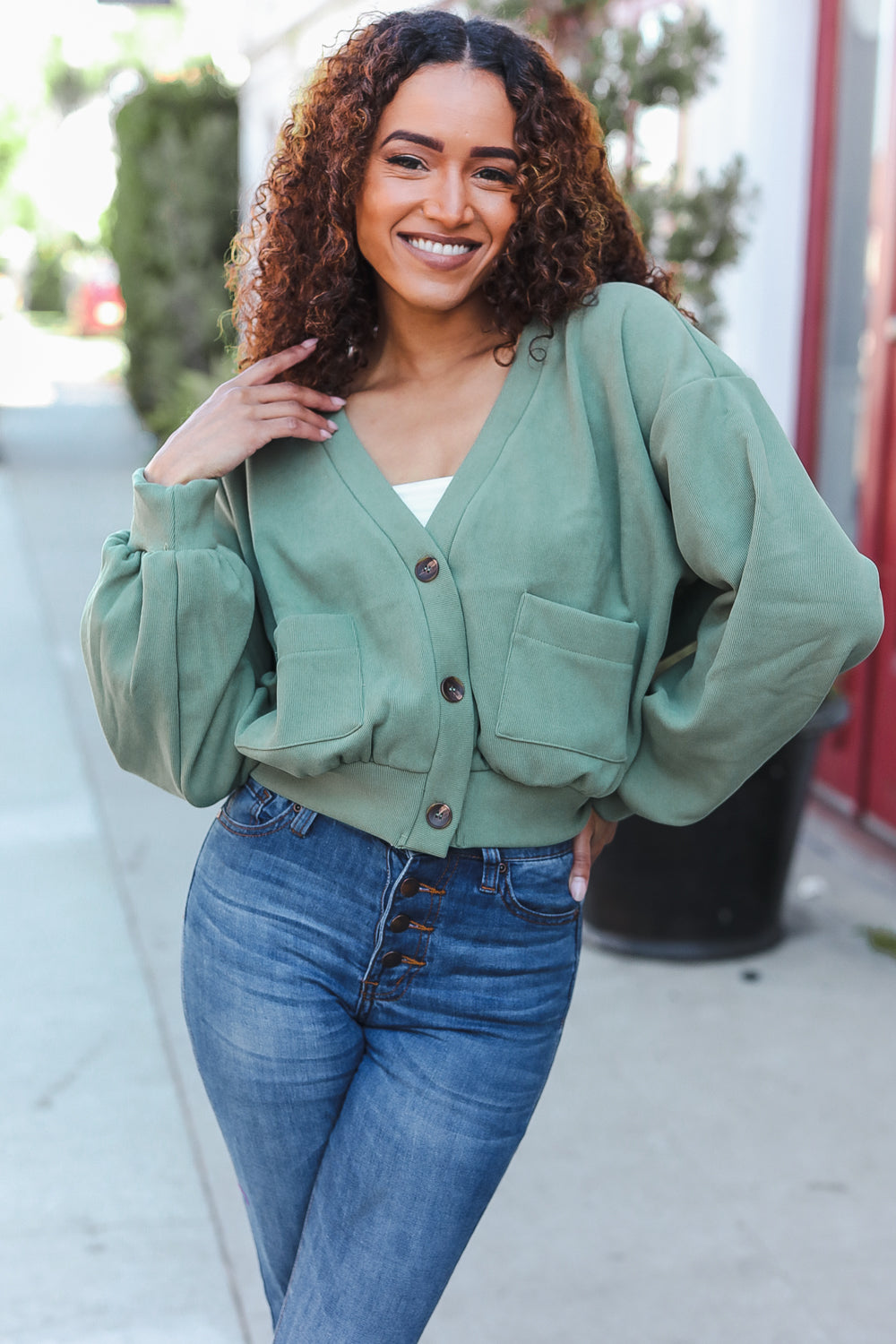 Weekend Ready Green Boyfriend Button Down Cropped Jacket-Modish Lily, Tecumseh Michigan