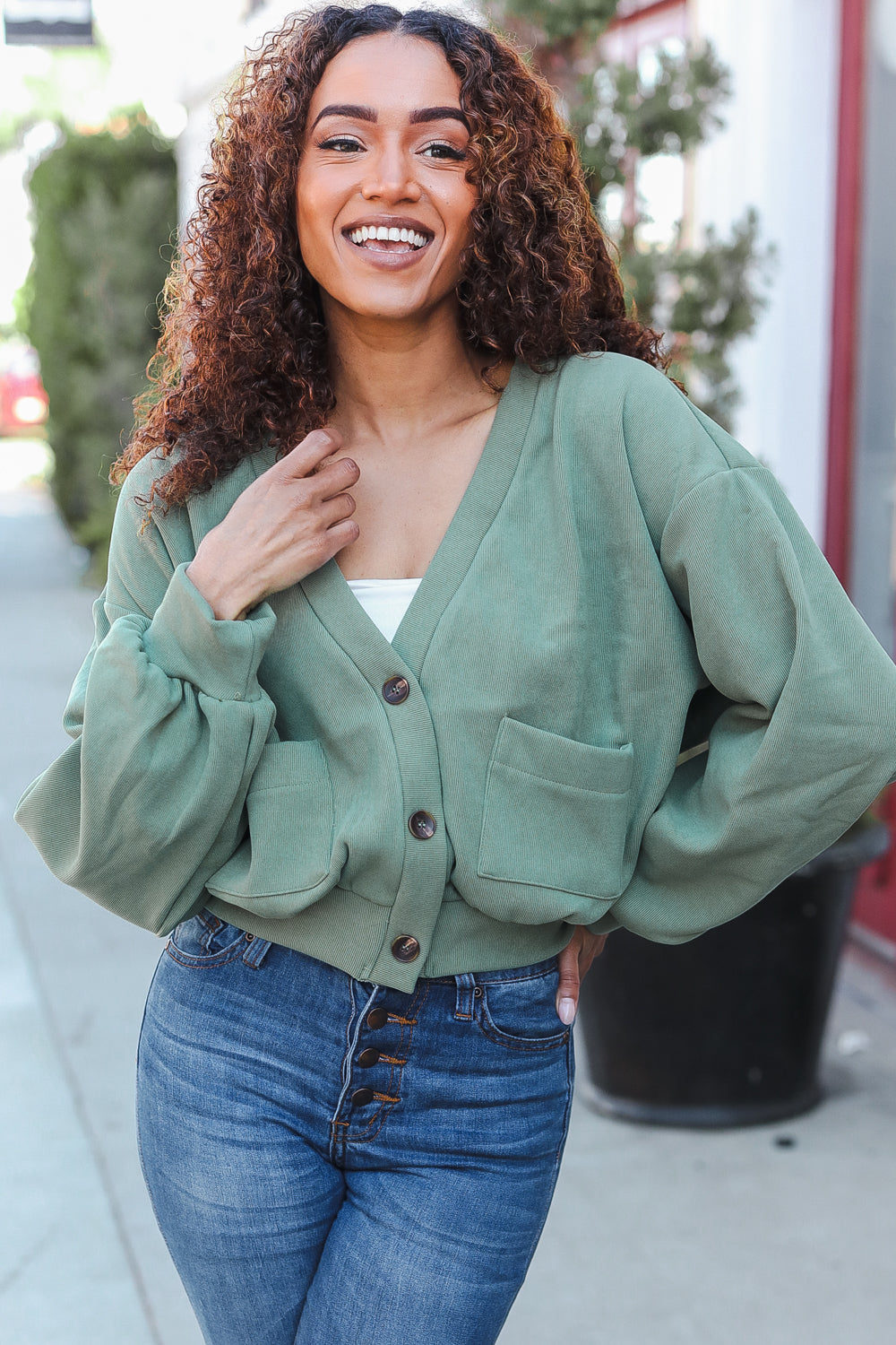 Weekend Ready Green Boyfriend Button Down Cropped Jacket-Modish Lily, Tecumseh Michigan