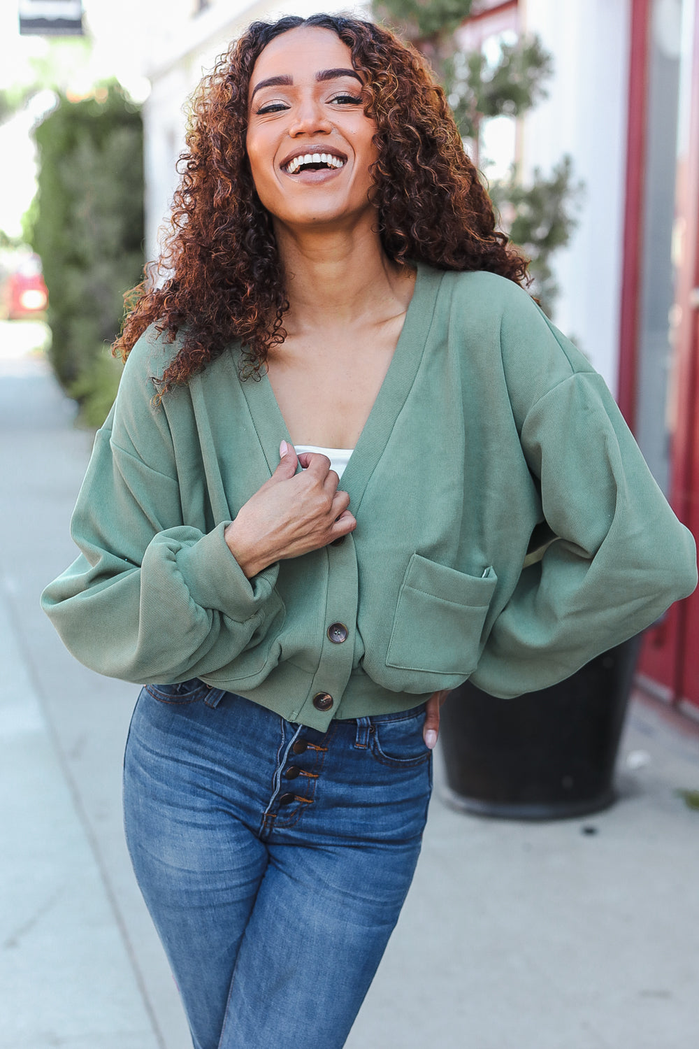 Weekend Ready Green Boyfriend Button Down Cropped Jacket-Modish Lily, Tecumseh Michigan