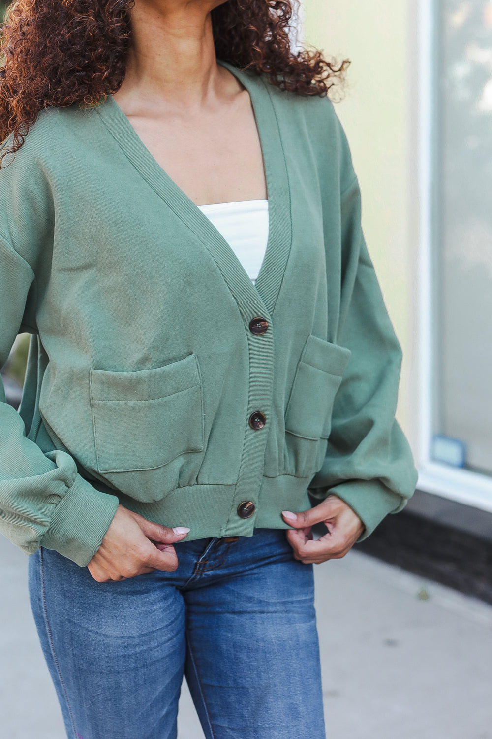 Weekend Ready Green Boyfriend Button Down Cropped Jacket-Modish Lily, Tecumseh Michigan