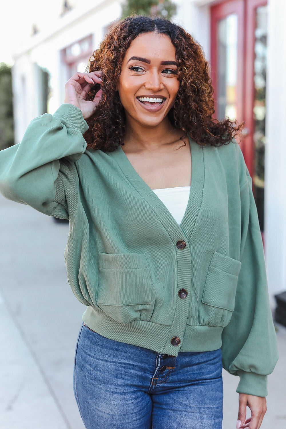 Weekend Ready Green Boyfriend Button Down Cropped Jacket-Modish Lily, Tecumseh Michigan