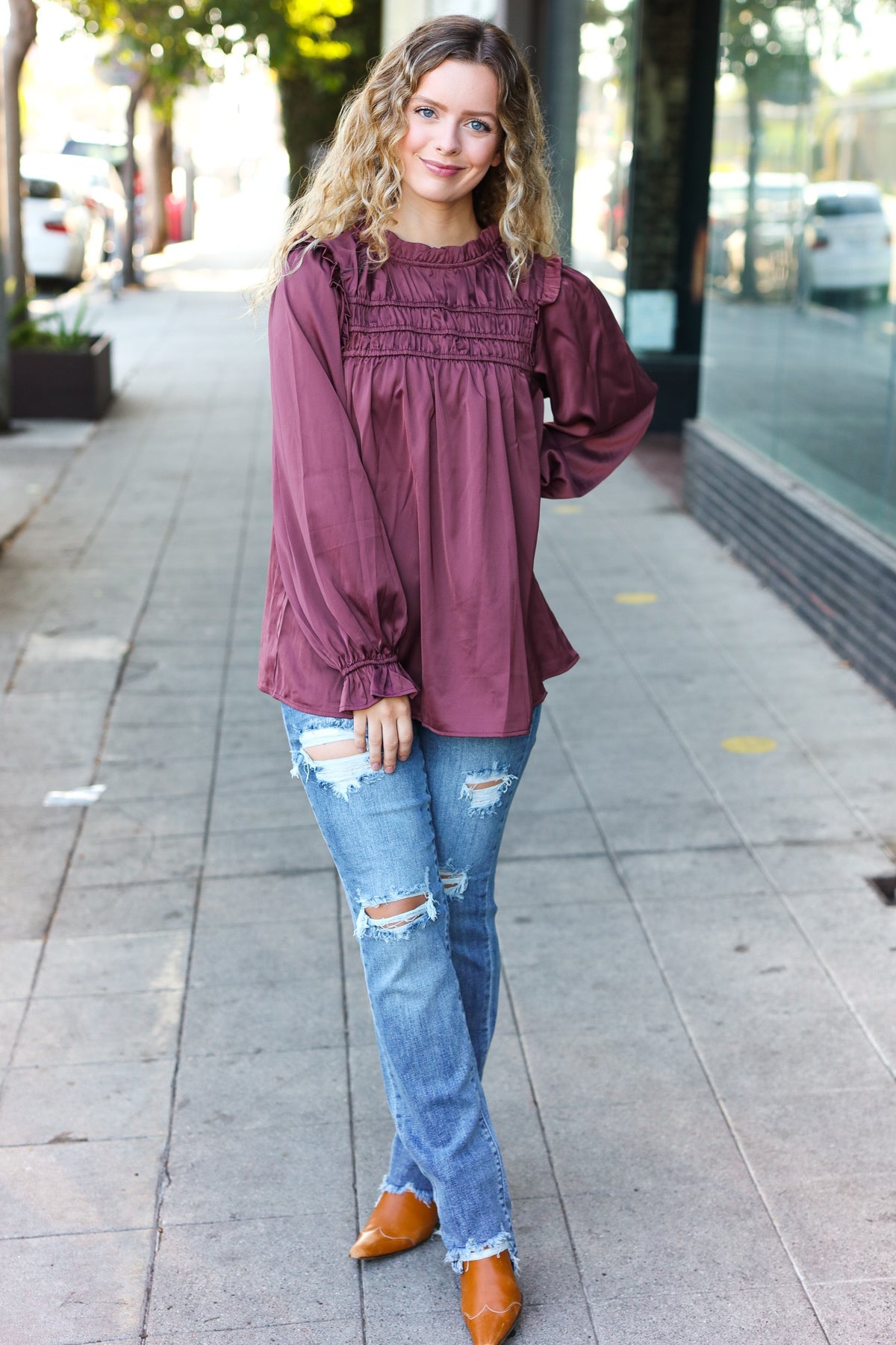 Be Your Best Wine Satin Shirred Yoke Frilled Mock Neck Top-Modish Lily, Tecumseh Michigan