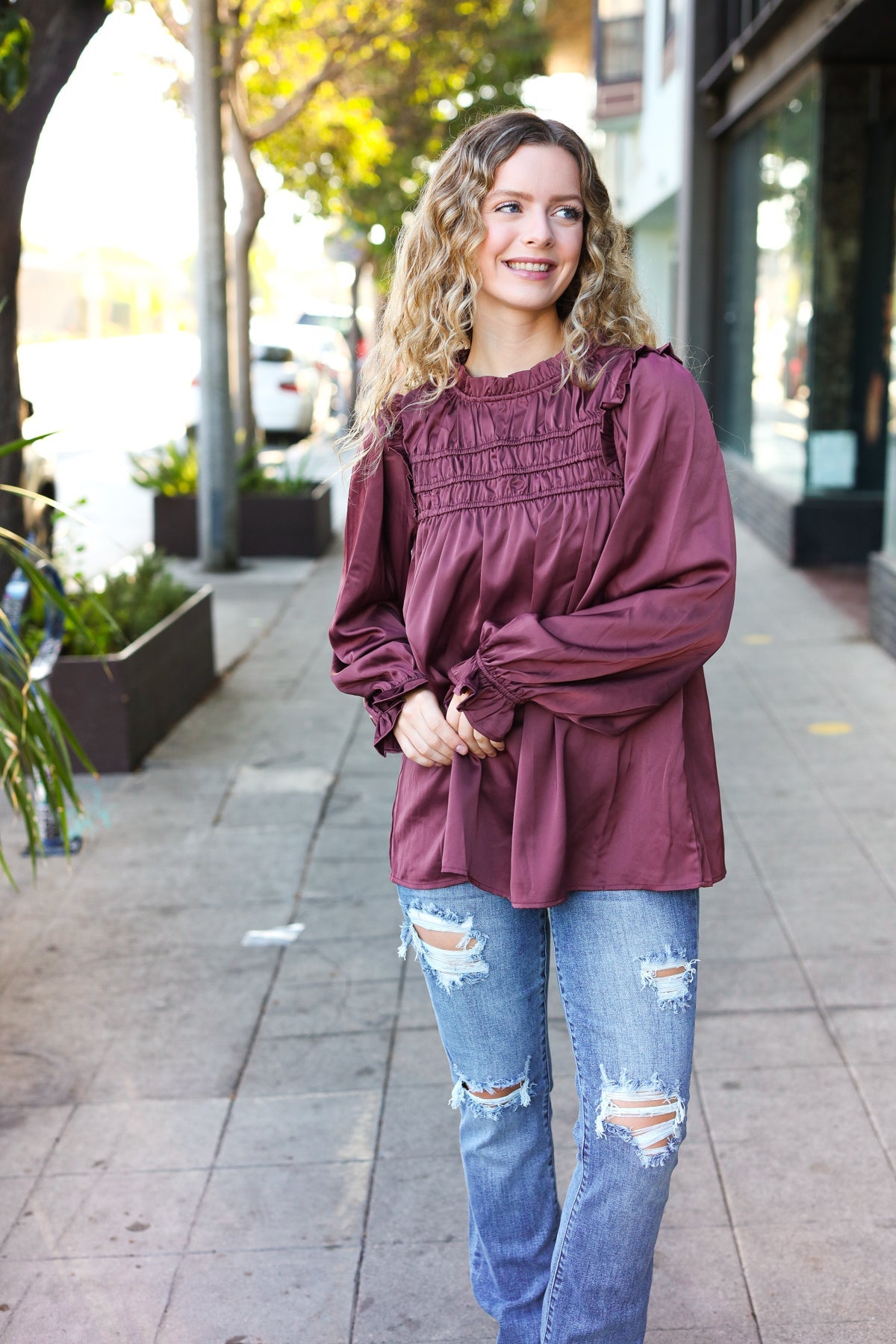 Be Your Best Wine Satin Shirred Yoke Frilled Mock Neck Top-Modish Lily, Tecumseh Michigan