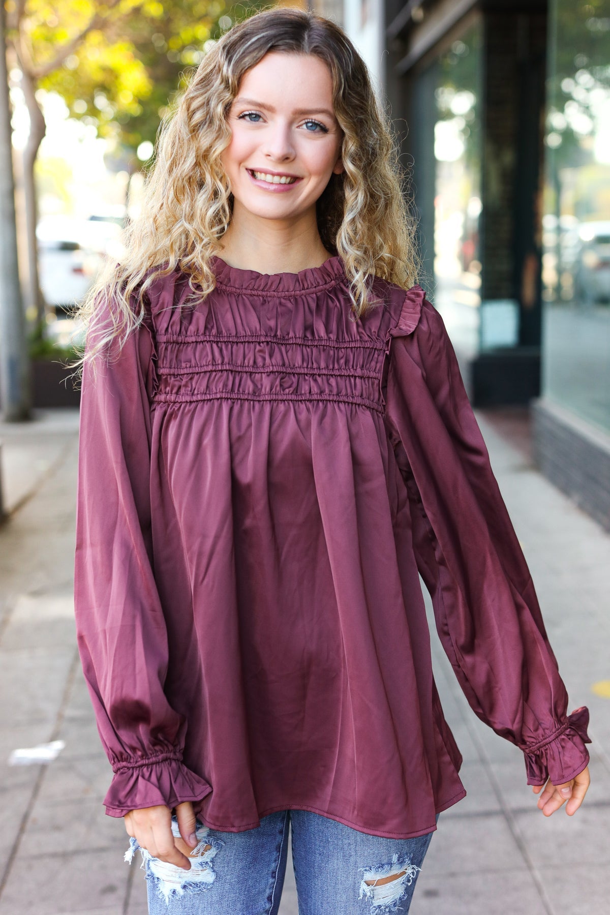 Be Your Best Wine Satin Shirred Yoke Frilled Mock Neck Top-Modish Lily, Tecumseh Michigan