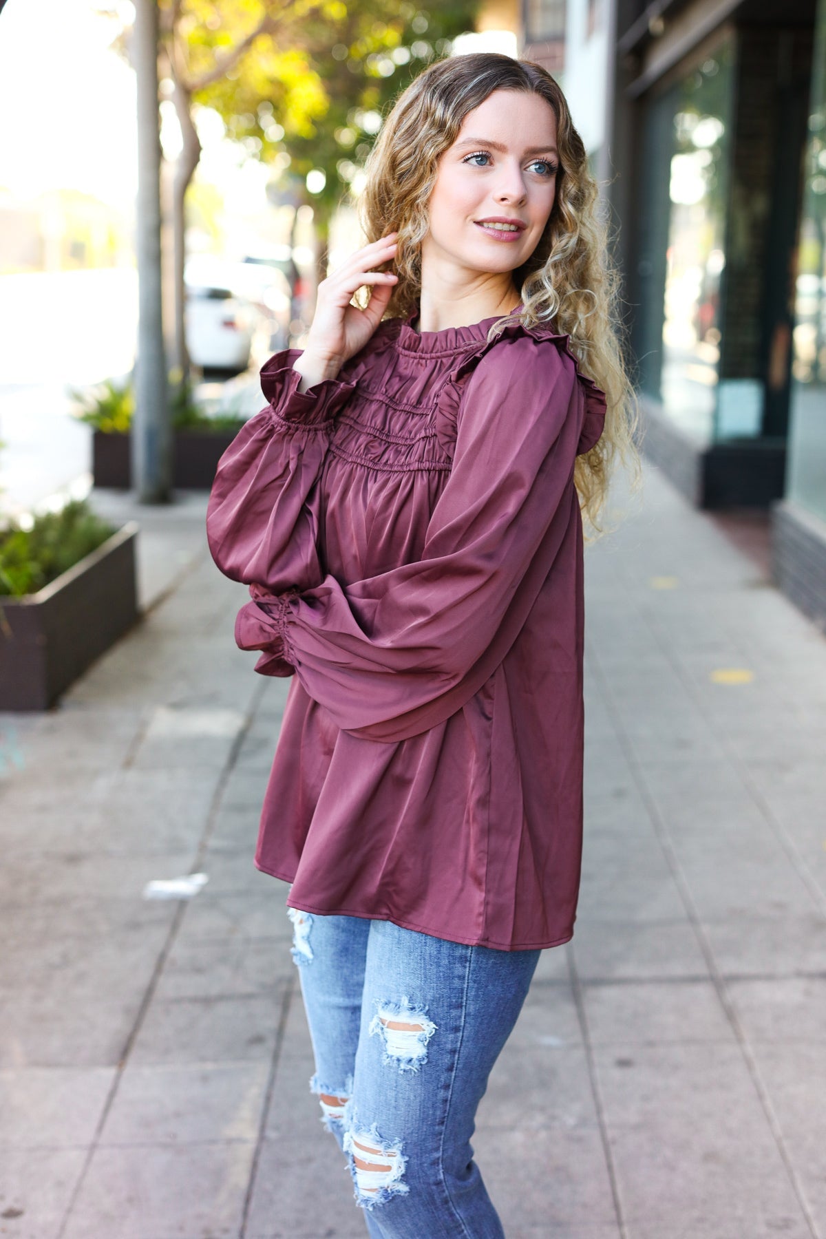 Be Your Best Wine Satin Shirred Yoke Frilled Mock Neck Top-Modish Lily, Tecumseh Michigan