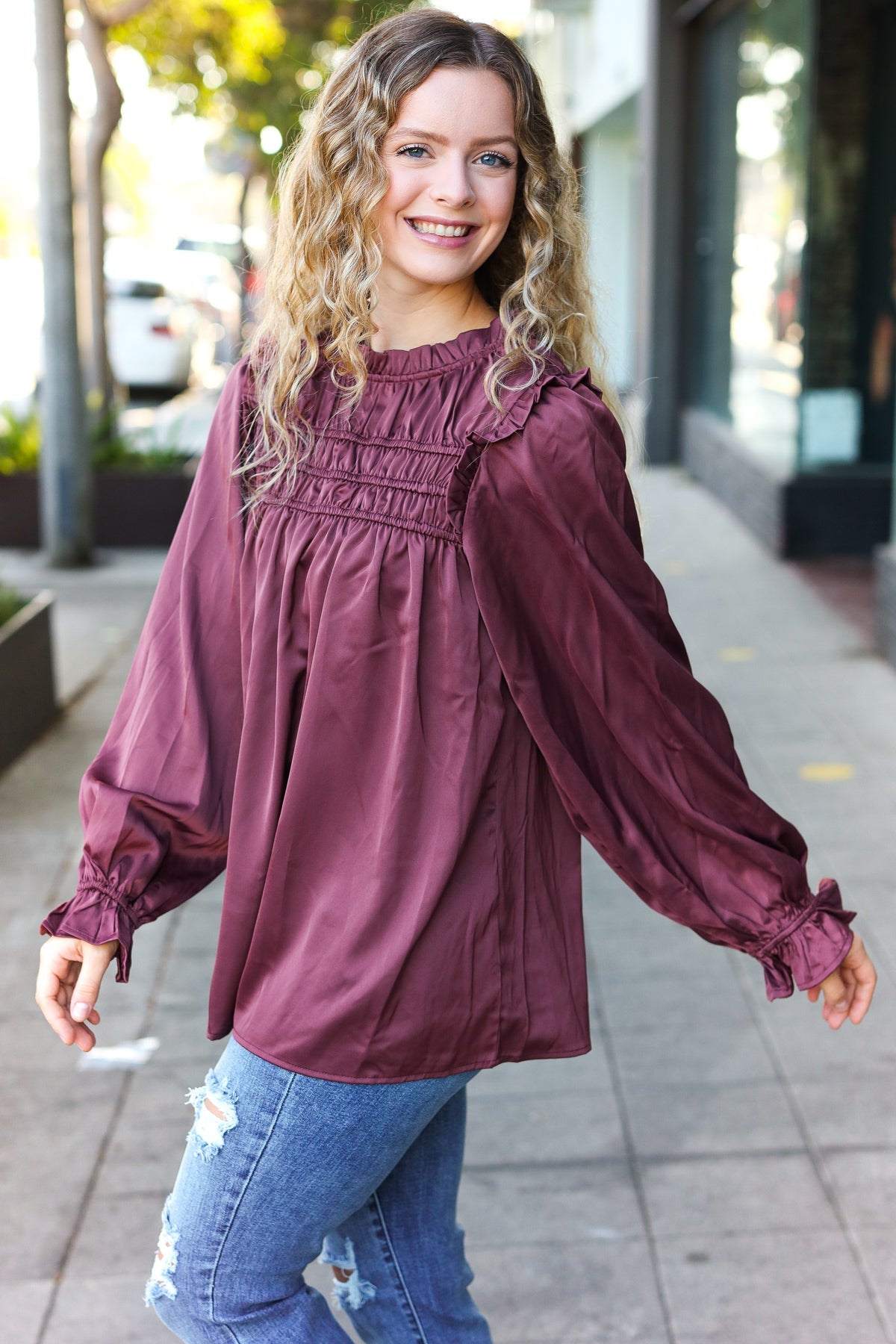 Be Your Best Wine Satin Shirred Yoke Frilled Mock Neck Top-Modish Lily, Tecumseh Michigan