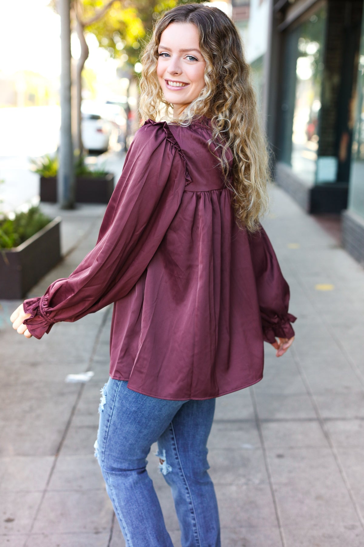 Be Your Best Wine Satin Shirred Yoke Frilled Mock Neck Top-Modish Lily, Tecumseh Michigan