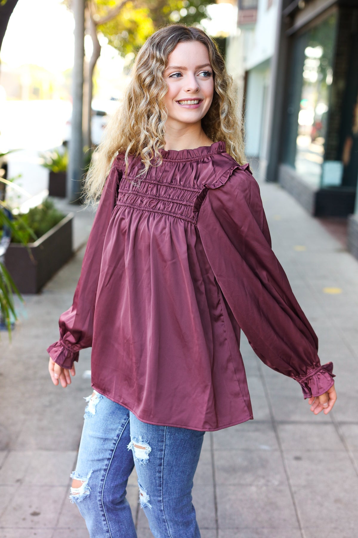 Be Your Best Wine Satin Shirred Yoke Frilled Mock Neck Top-Modish Lily, Tecumseh Michigan