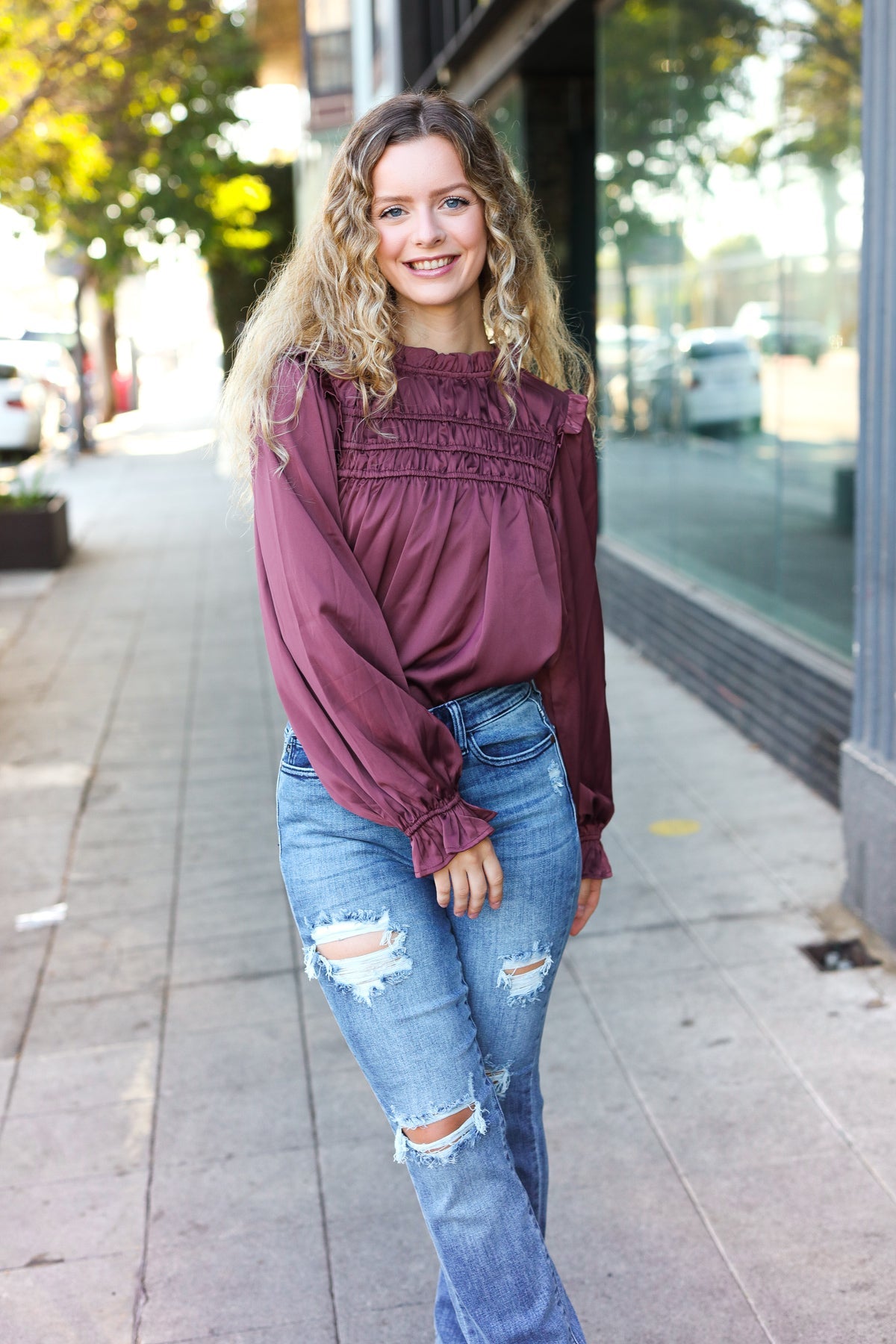 Be Your Best Wine Satin Shirred Yoke Frilled Mock Neck Top-Modish Lily, Tecumseh Michigan