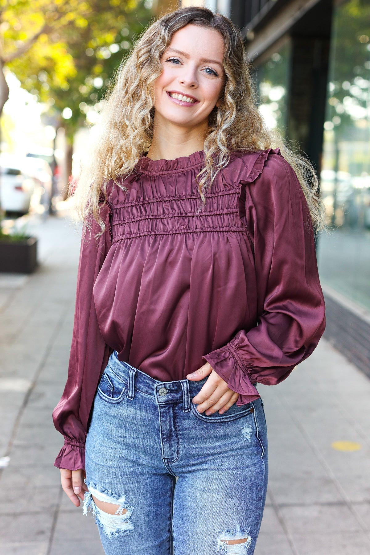 Be Your Best Wine Satin Shirred Yoke Frilled Mock Neck Top-Modish Lily, Tecumseh Michigan