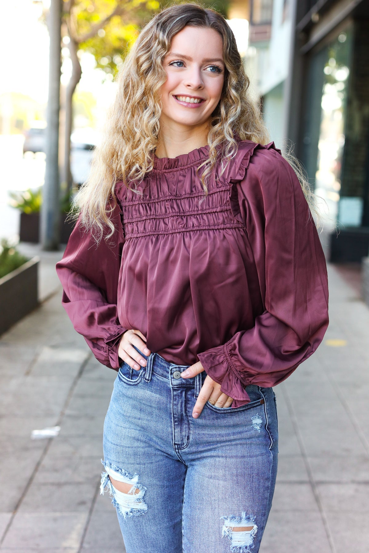 Be Your Best Wine Satin Shirred Yoke Frilled Mock Neck Top-Modish Lily, Tecumseh Michigan