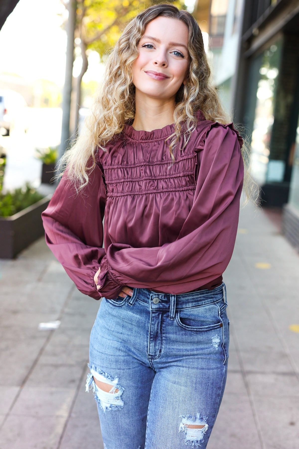 Be Your Best Wine Satin Shirred Yoke Frilled Mock Neck Top-Modish Lily, Tecumseh Michigan