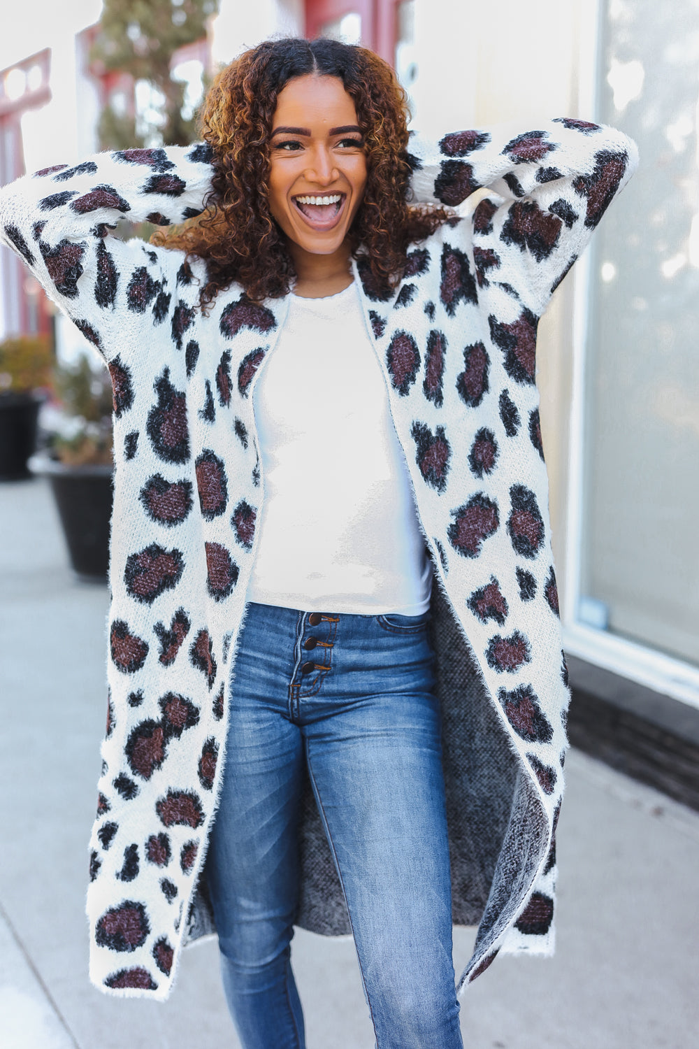 Boldly You Cream Fury Knit Animal Print Open Duster Cardigan-Modish Lily, Tecumseh Michigan