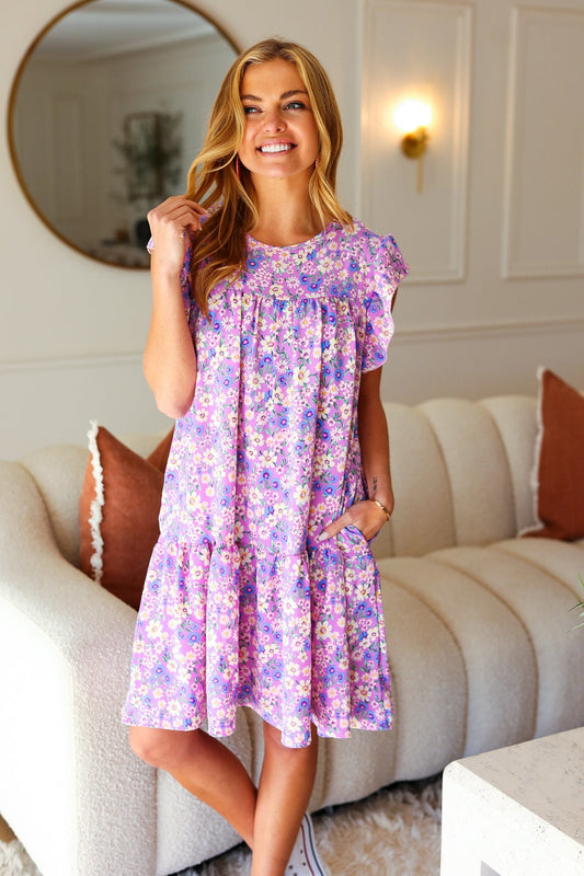 Spring Lilac Floral Tiered Ruffle Sleeve Woven Dress-Modish Lily, Tecumseh Michigan