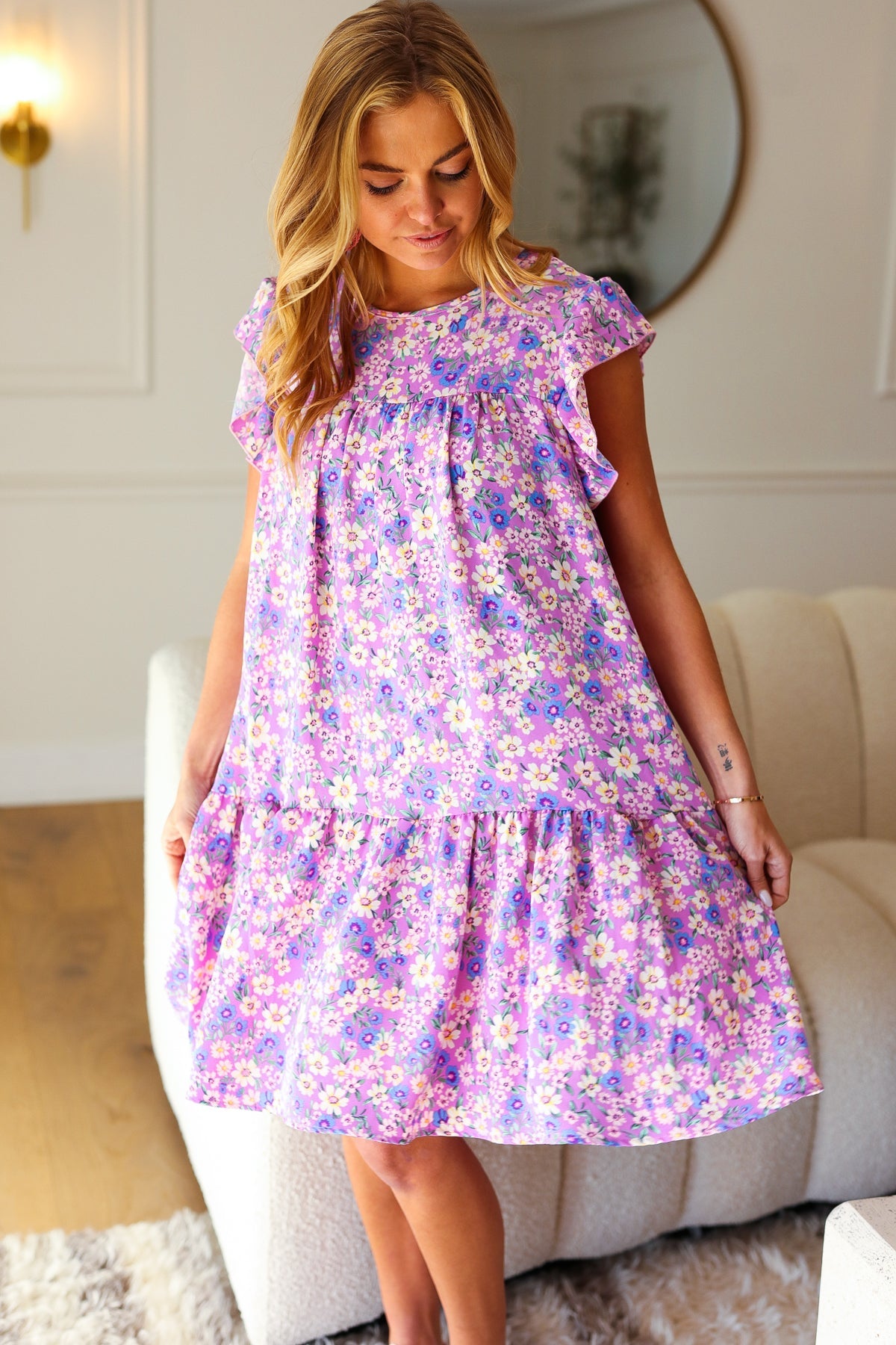 Spring Lilac Floral Tiered Ruffle Sleeve Woven Dress-Modish Lily, Tecumseh Michigan