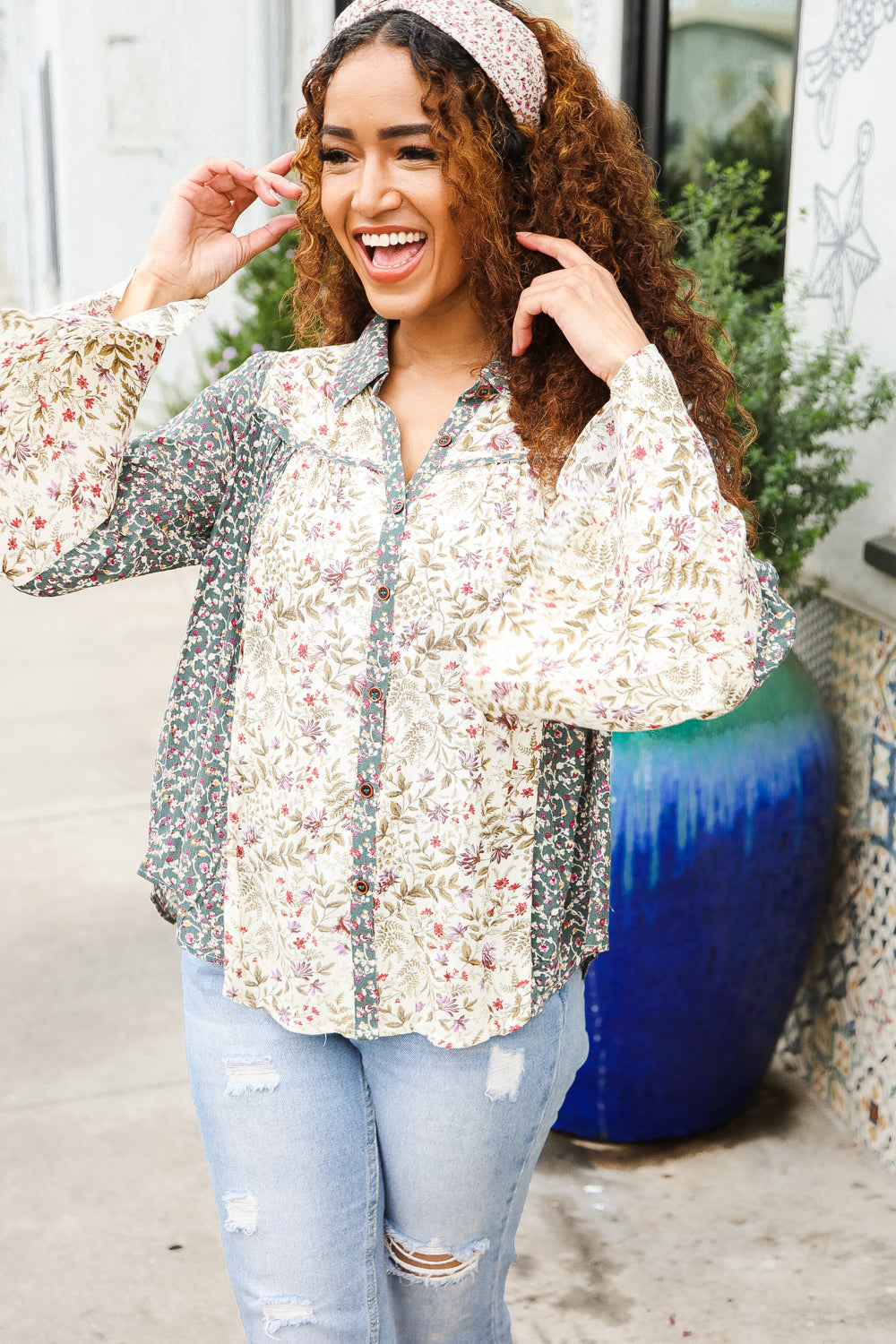 Diva Dreams Mint & Oatmeal Floral Button-Down Bell Sleeve Top-Modish Lily, Tecumseh Michigan