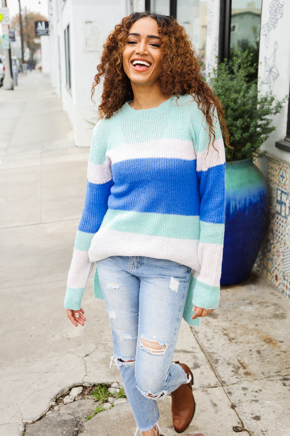 Love Found Mohair Mint/Blue Stripe Rib Knit Tunic Sweater-Modish Lily, Tecumseh Michigan