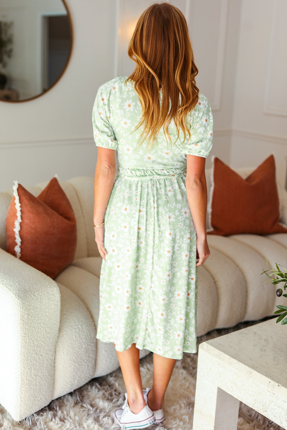 Sunny Days Sage Floral Print Fit & Flare Sash Belt V Neck Dress-Modish Lily, Tecumseh Michigan