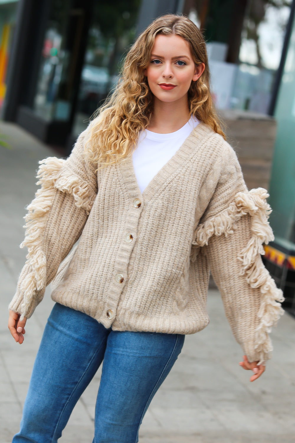 Weekend Ready Oatmeal V Neck Fringe Chunky Cable Cardigan-2024 Blow-Out Sale-Modish Lily, Tecumseh Michigan