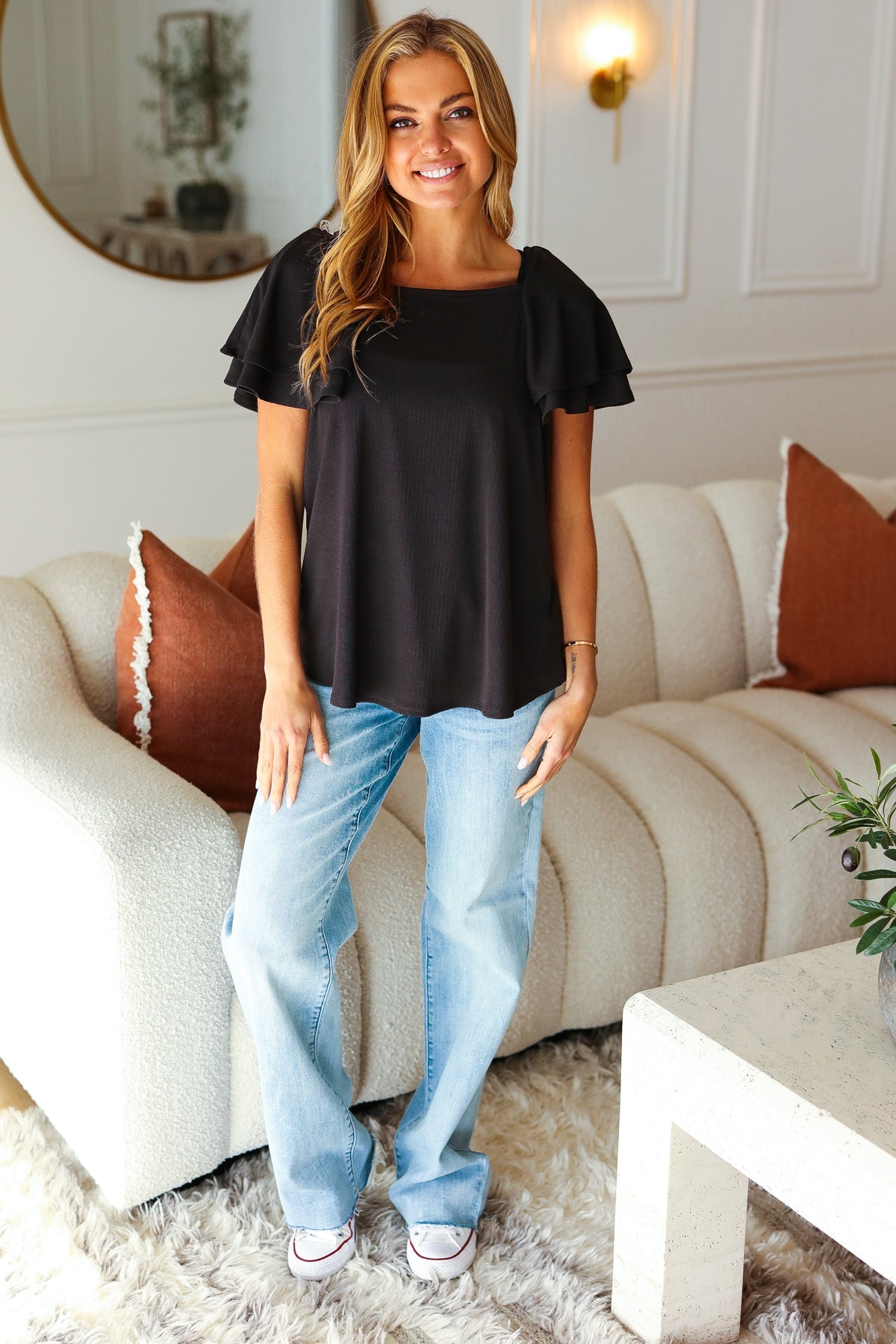 Feel The Love Black Double Ruffle Sleeve Square Neck Ribbed Top-Modish Lily, Tecumseh Michigan