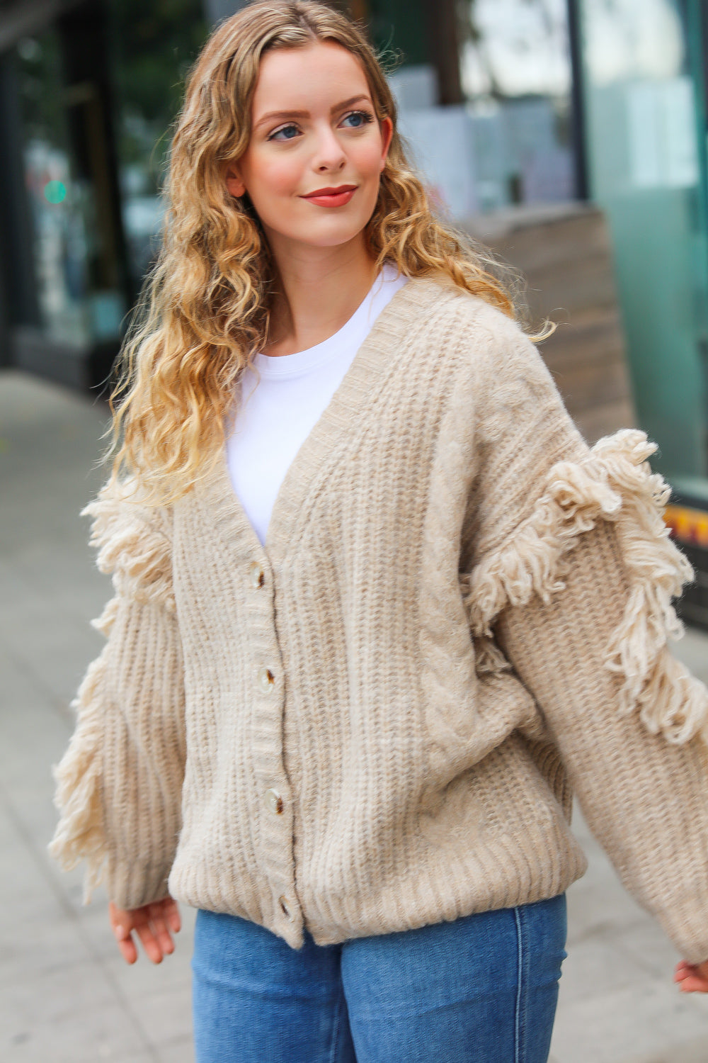 Weekend Ready Oatmeal V Neck Fringe Chunky Cable Cardigan-2024 Blow-Out Sale-Modish Lily, Tecumseh Michigan