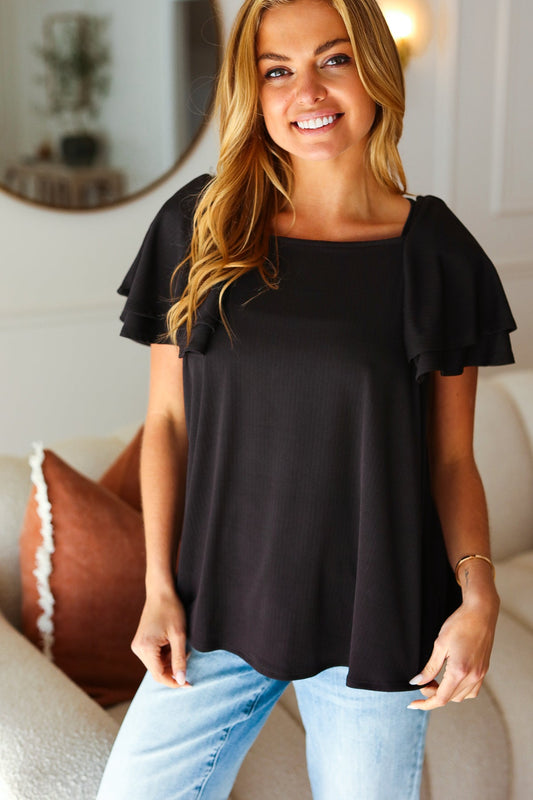 Feel The Love Black Double Ruffle Sleeve Square Neck Ribbed Top-Modish Lily, Tecumseh Michigan